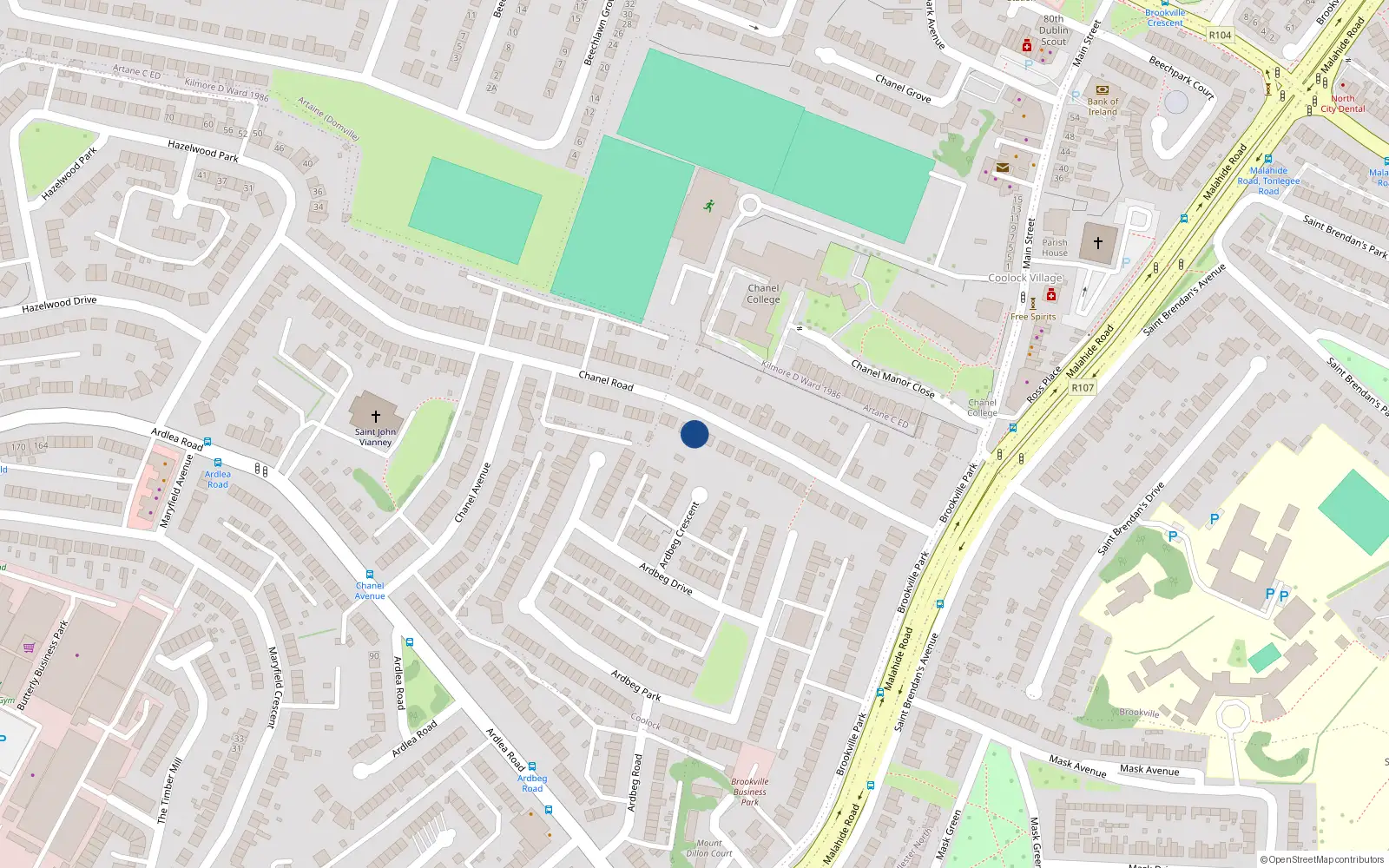 Overhead map showing the location of 37 Chanel Road, Artane, Dublin 5