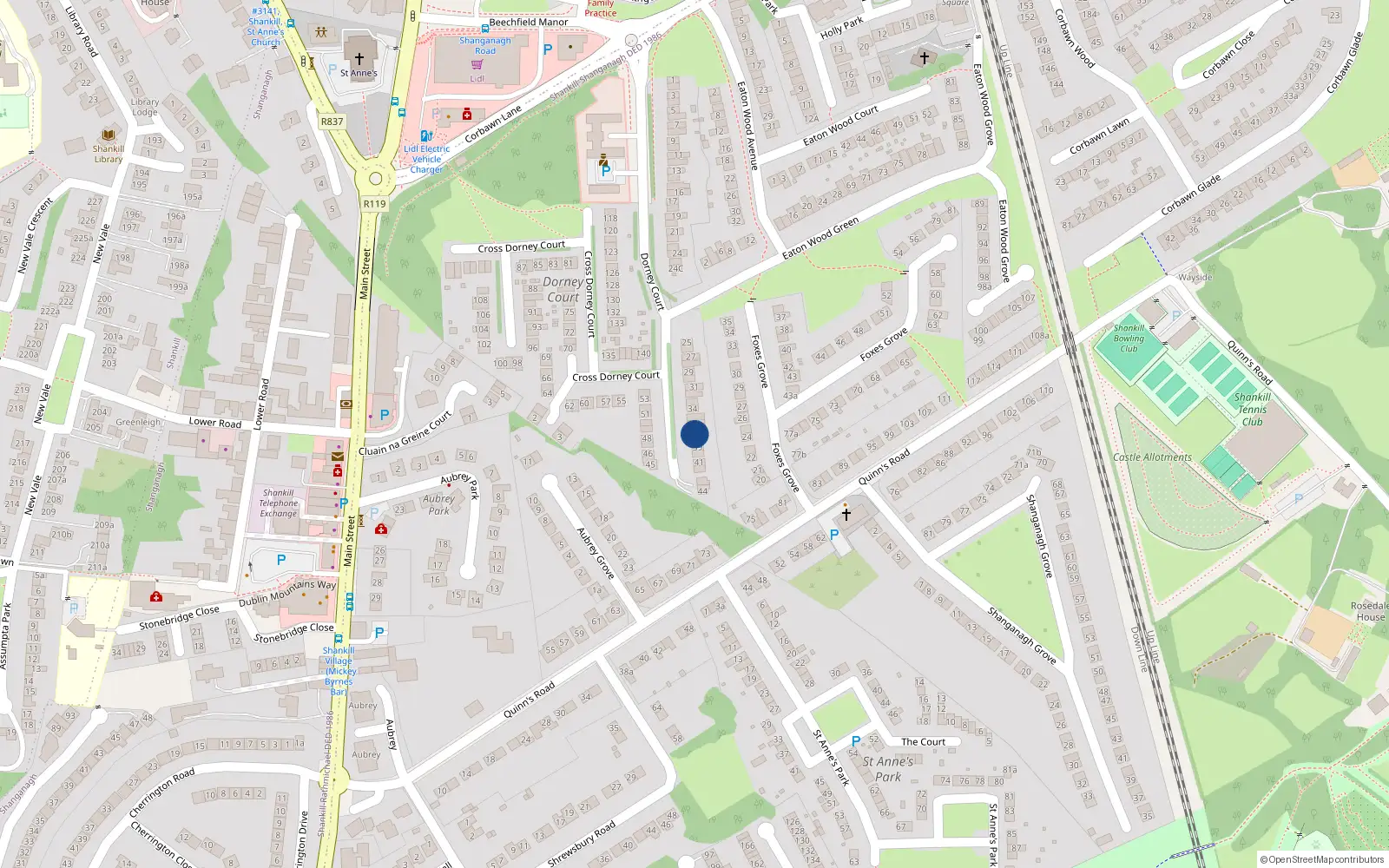 Overhead map showing the location of 37 Dorney Court, Shankill