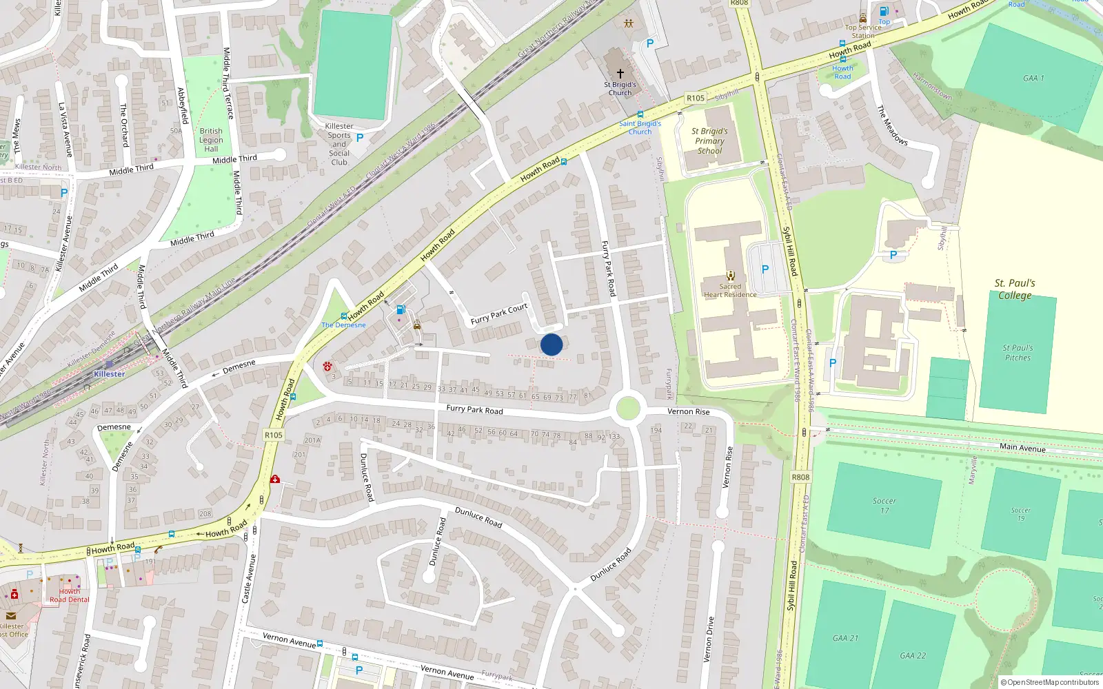 Overhead map showing the location of 37 Furry Park Court, Dublin 5