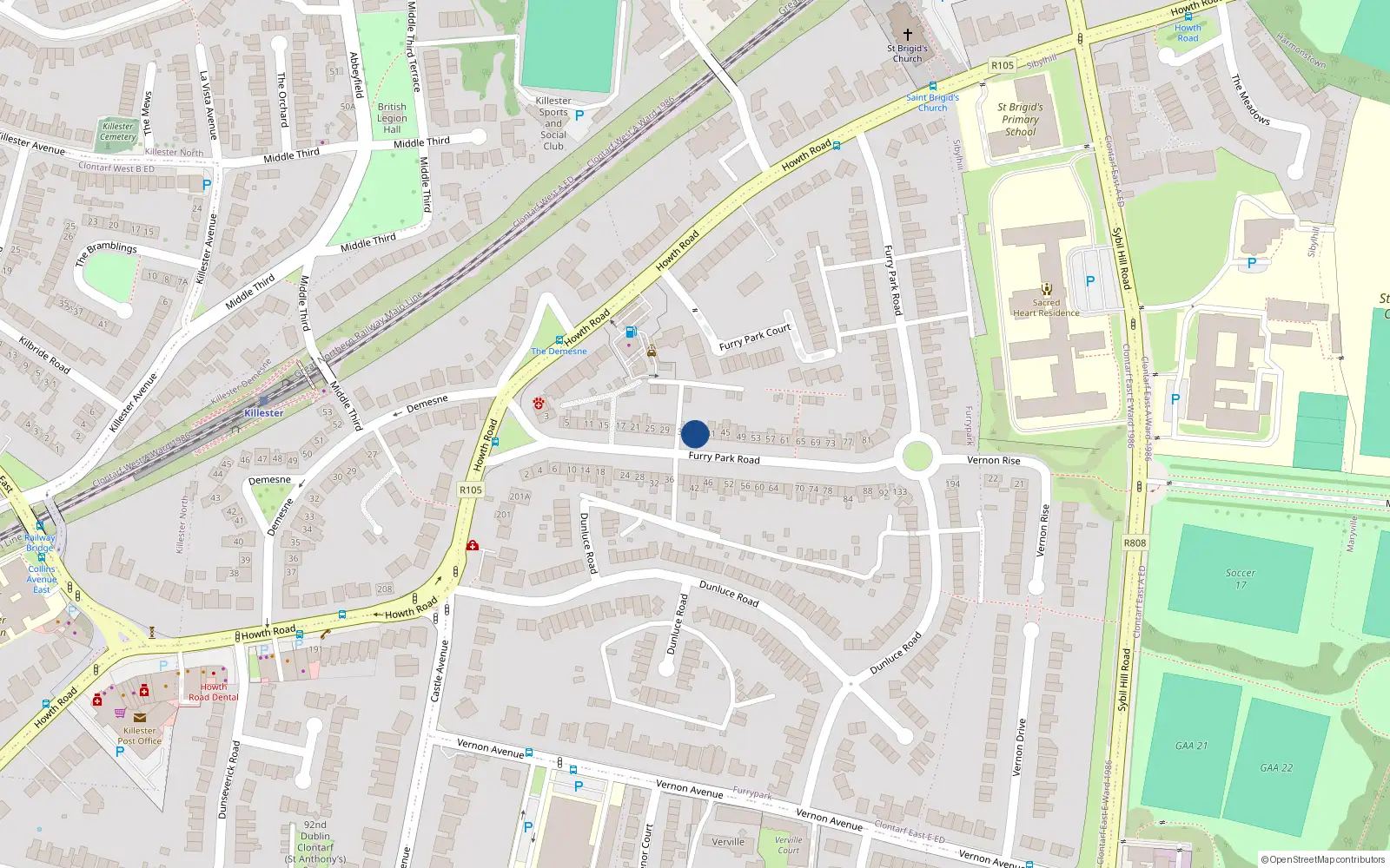 Overhead map showing the location of 37 Furry Park Road, Dublin 5, Dublin