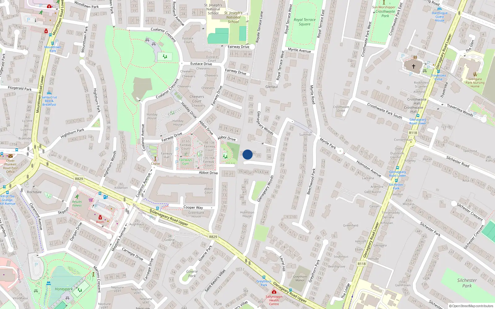 Overhead map showing the location of 37 Glenageary Woods, Dun Laoghaire, Dublin