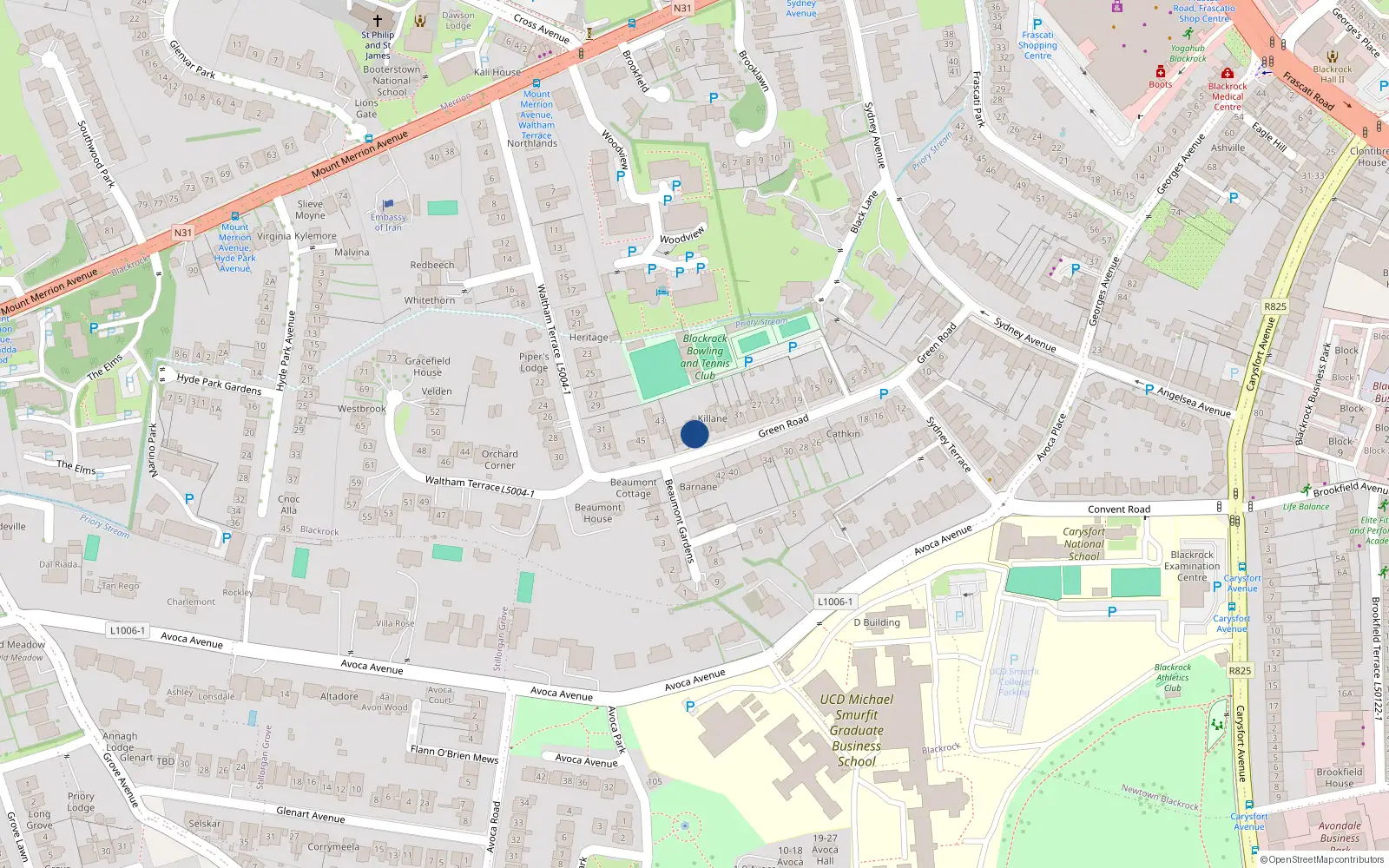 Overhead map showing the location of 37 Green Road, Blackrock