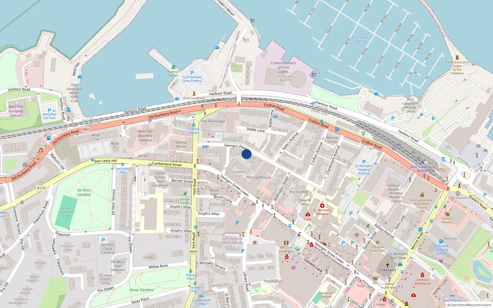 Overhead map showing the location of 37 Harbour Court, Georges Place, Dun Laoghaire