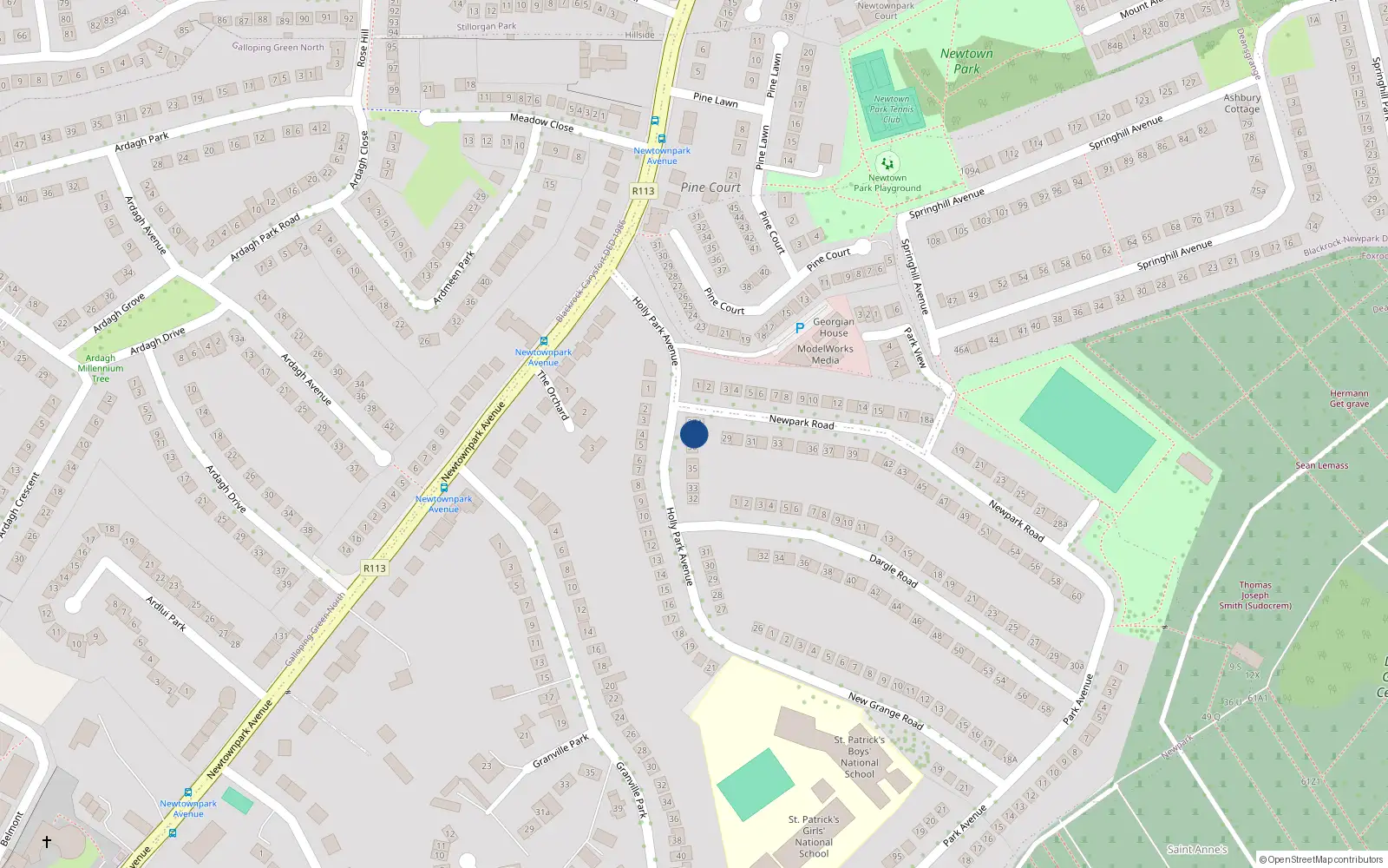 Overhead map showing the location of 37 Holly Park Avenue, Blackrock