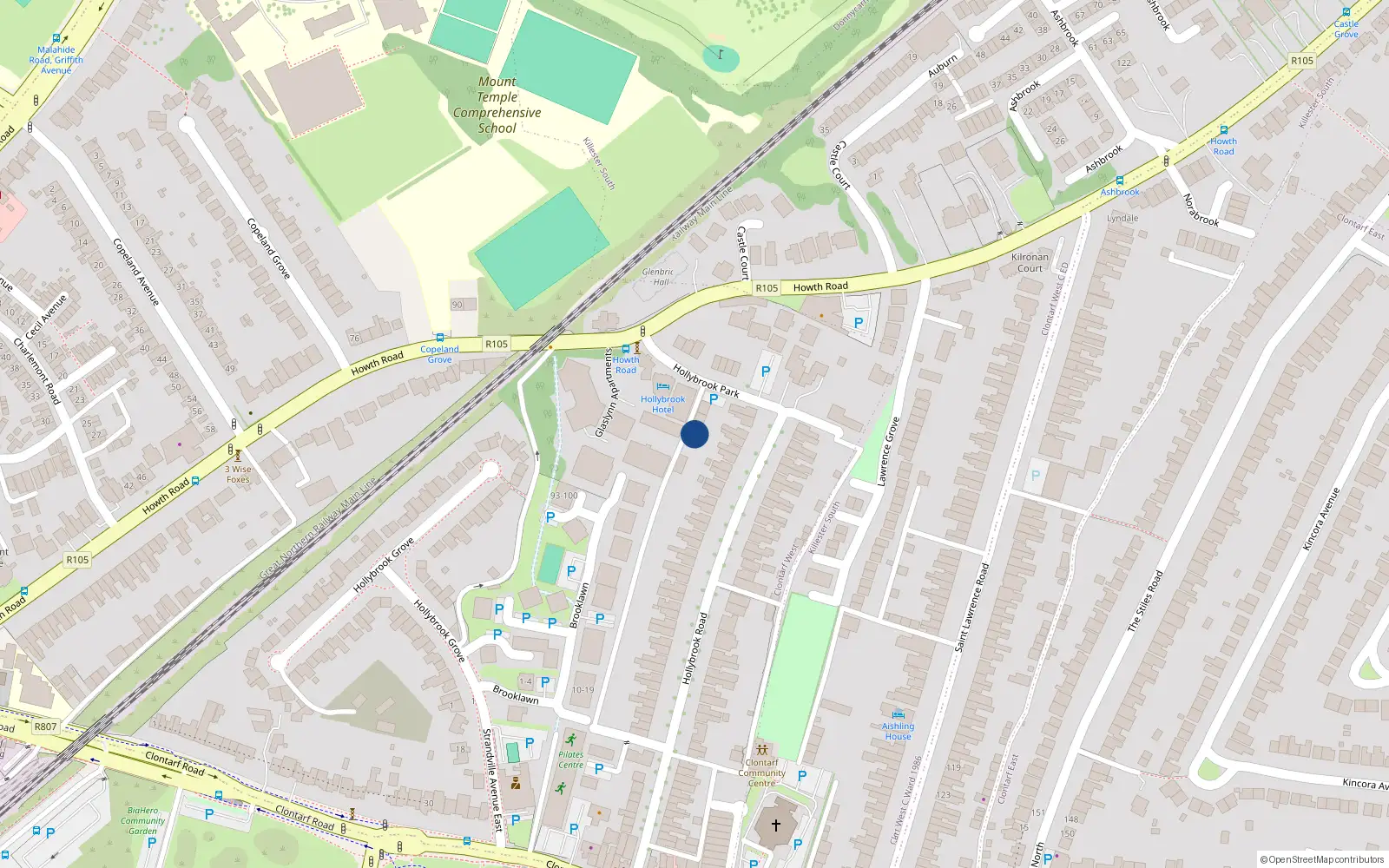 Overhead map showing the location of 37 Hollybrook Park, Dublin 3