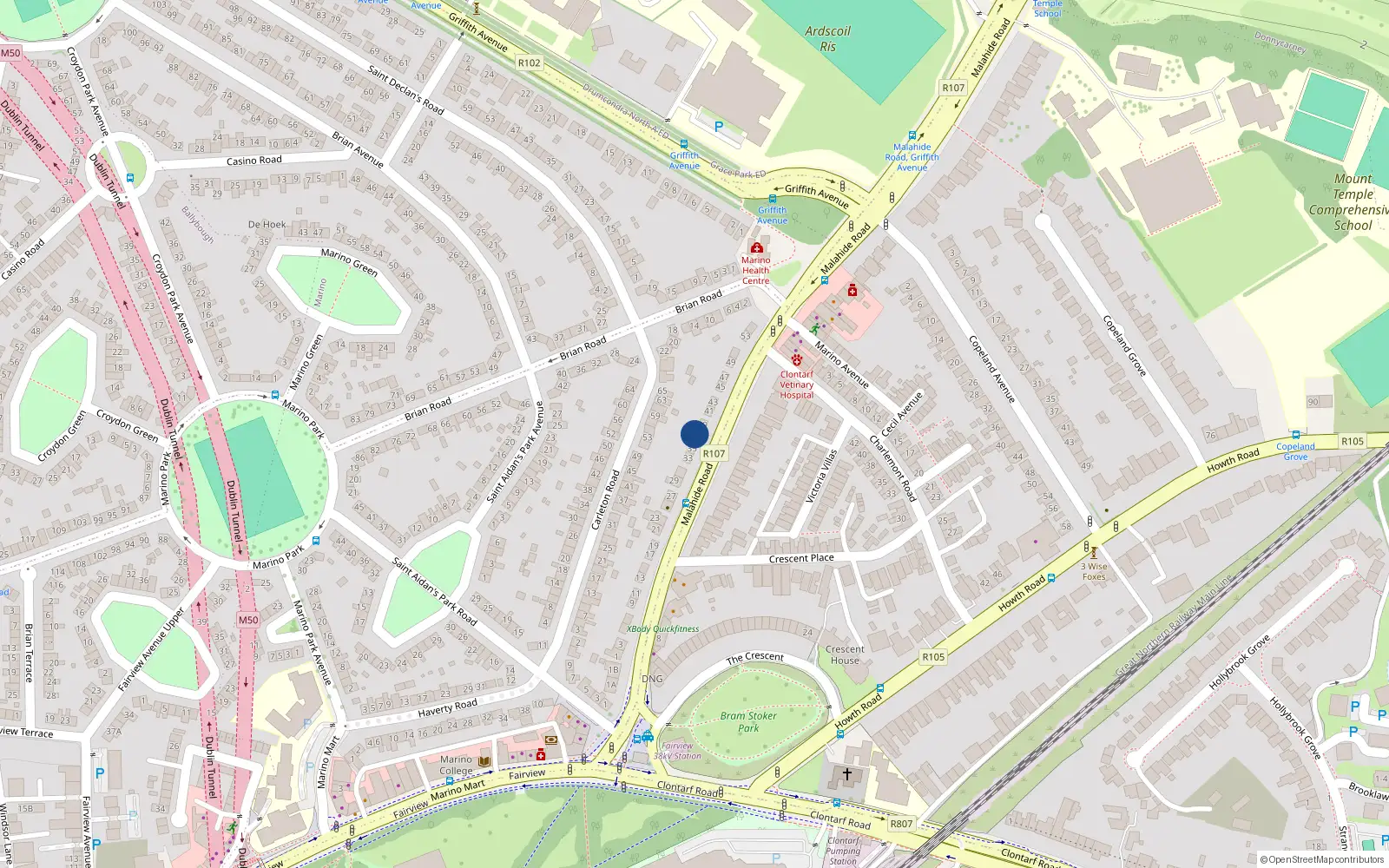 Overhead map showing the location of 37 Malahide Road, Dublin 3