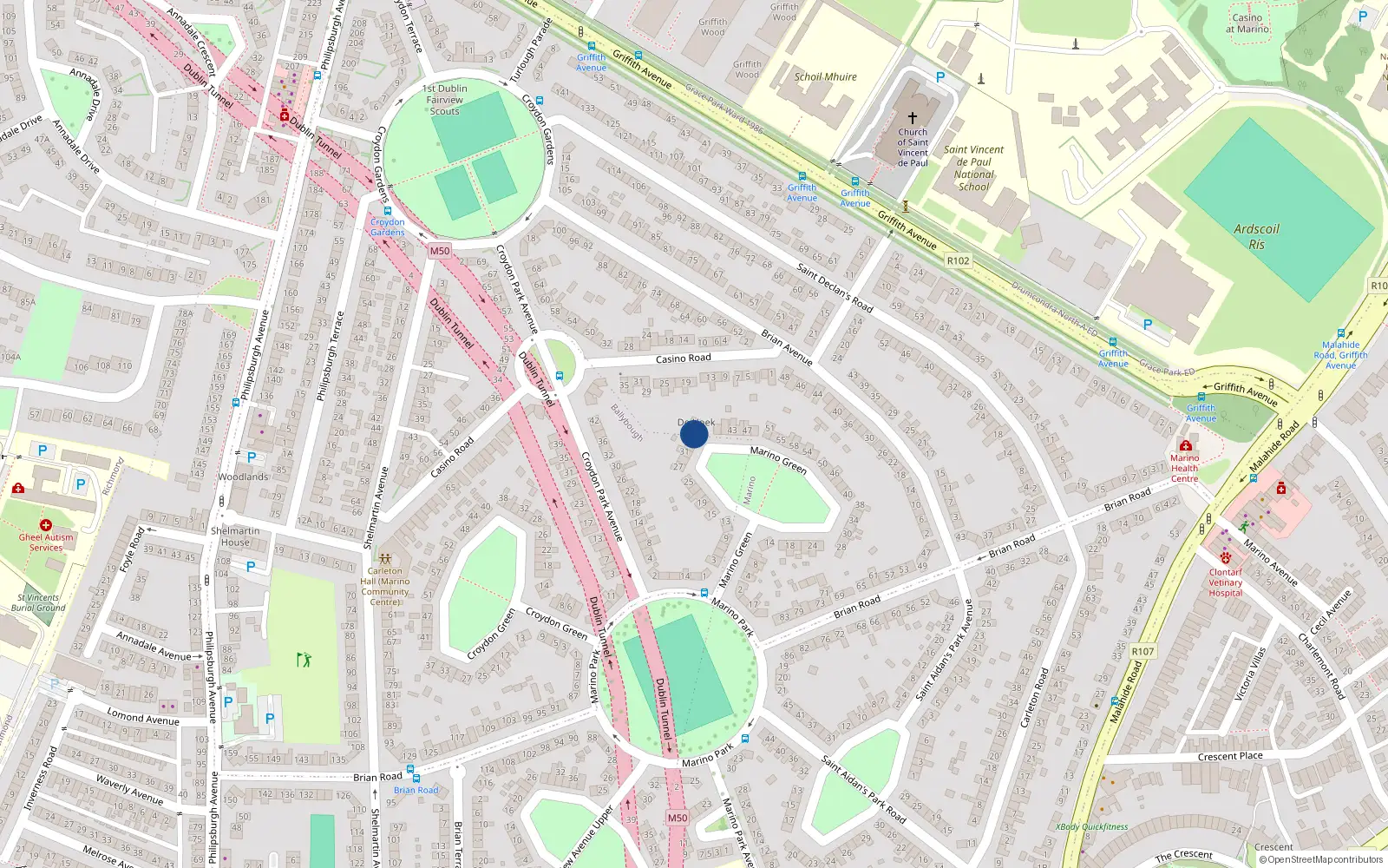 Overhead map showing the location of 37 Marino Green, Dublin 3