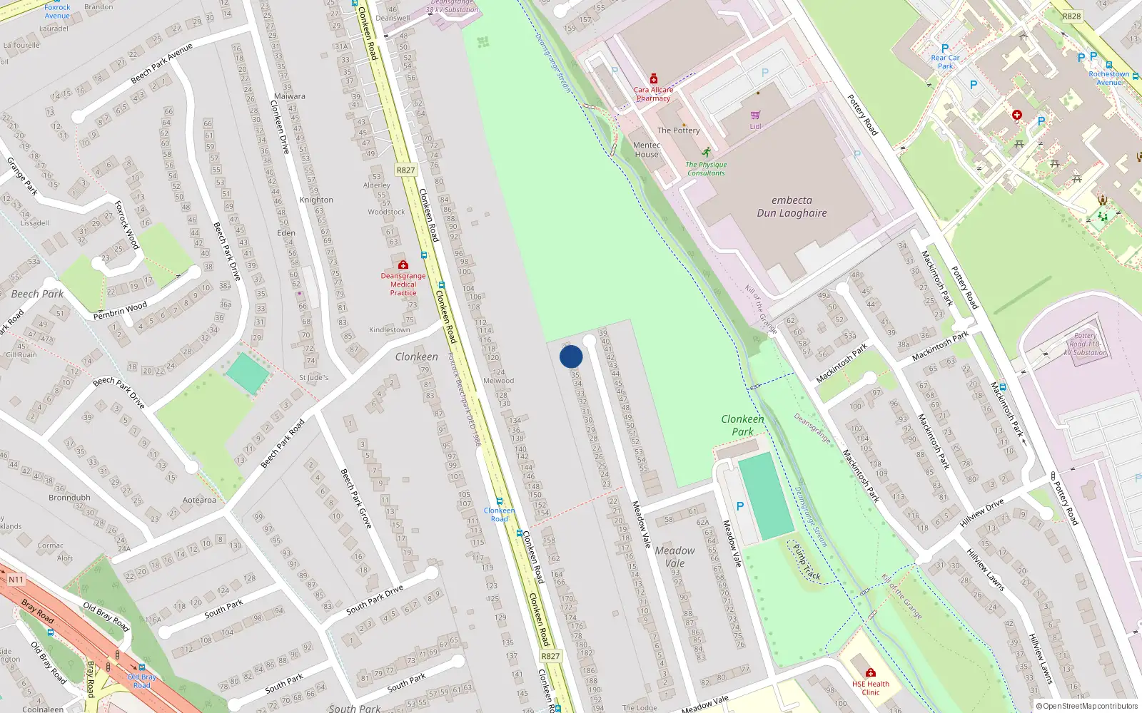 Overhead map showing the location of 37 Meadow Vale, Blackrock
