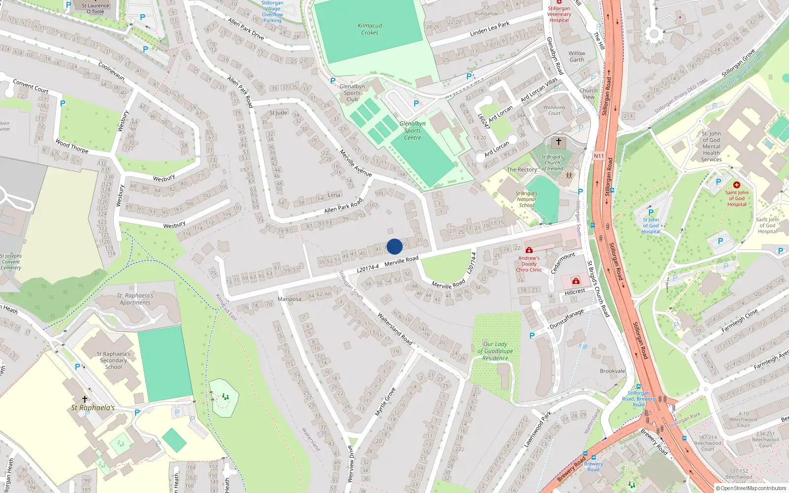Overhead map showing the location of 37 Merville Road, Stillorgan, Blackrock