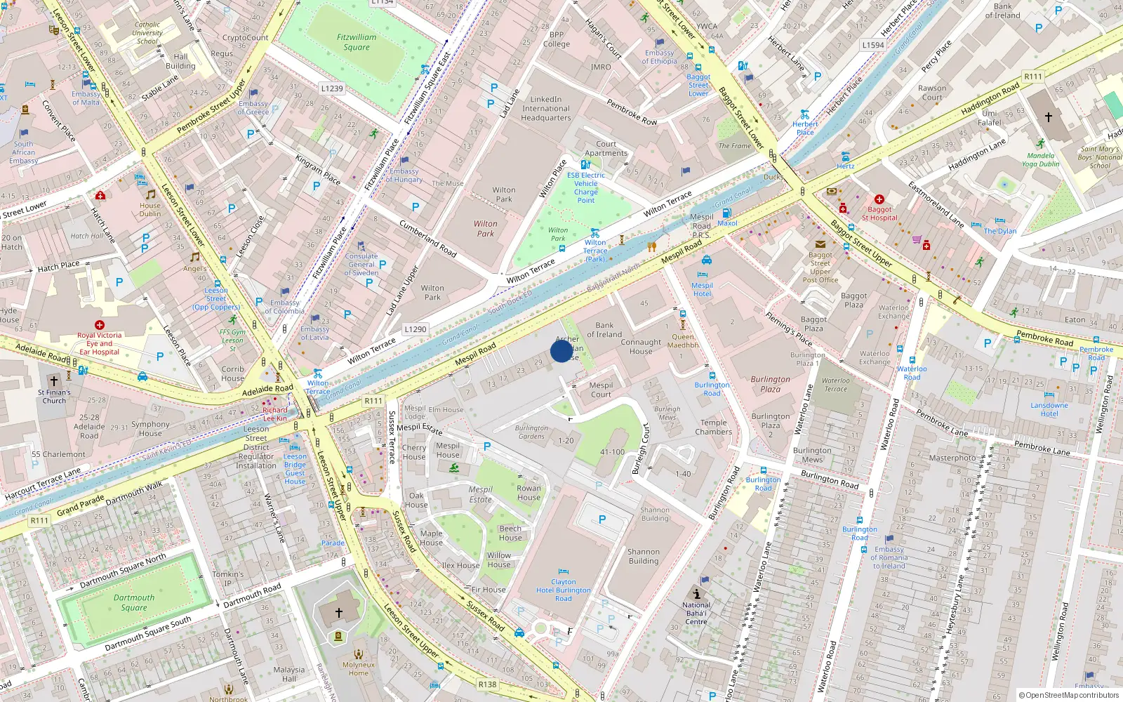 Overhead map showing the location of 37 Mespil Road, Dublin 4