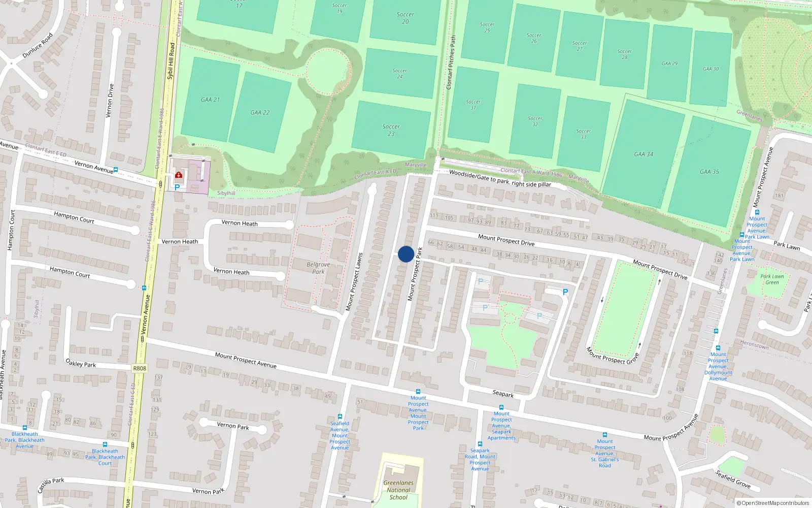 Overhead map showing the location of 37 Mount Prospect Park, Clontarf, Dublin 3
