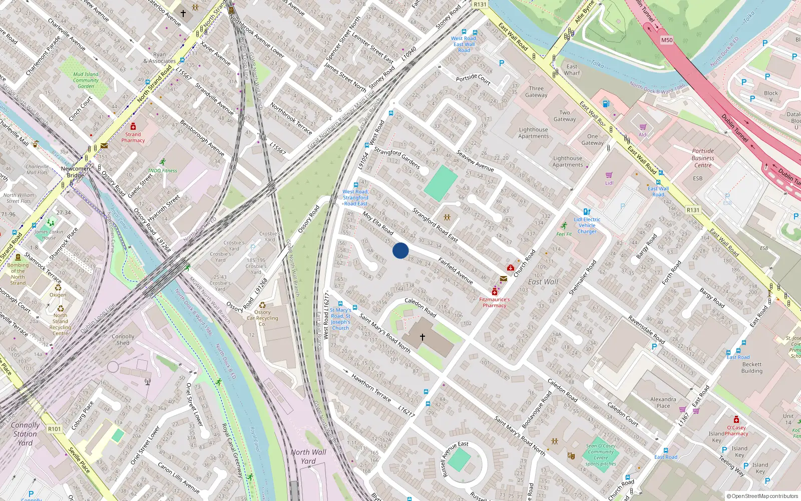 Overhead map showing the location of 37 Moy Elta Road, East Wall, Dublin 3