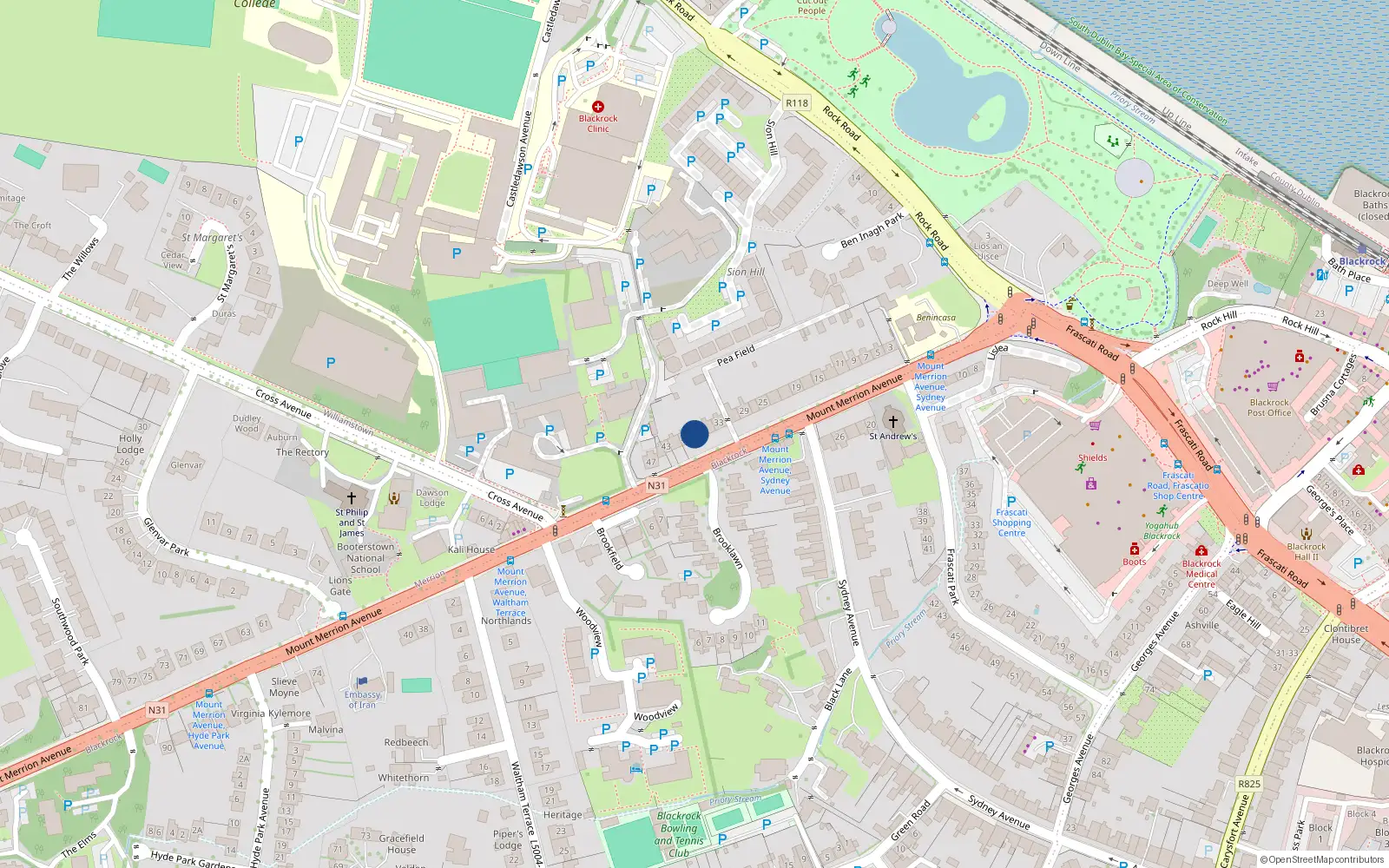 Overhead map showing the location of 37 Mt Merrion Avenue, Blackrock, Dublin