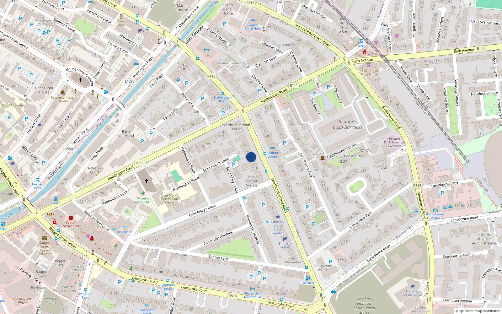 Overhead map showing the location of 37 Northumberland Road, Dublin