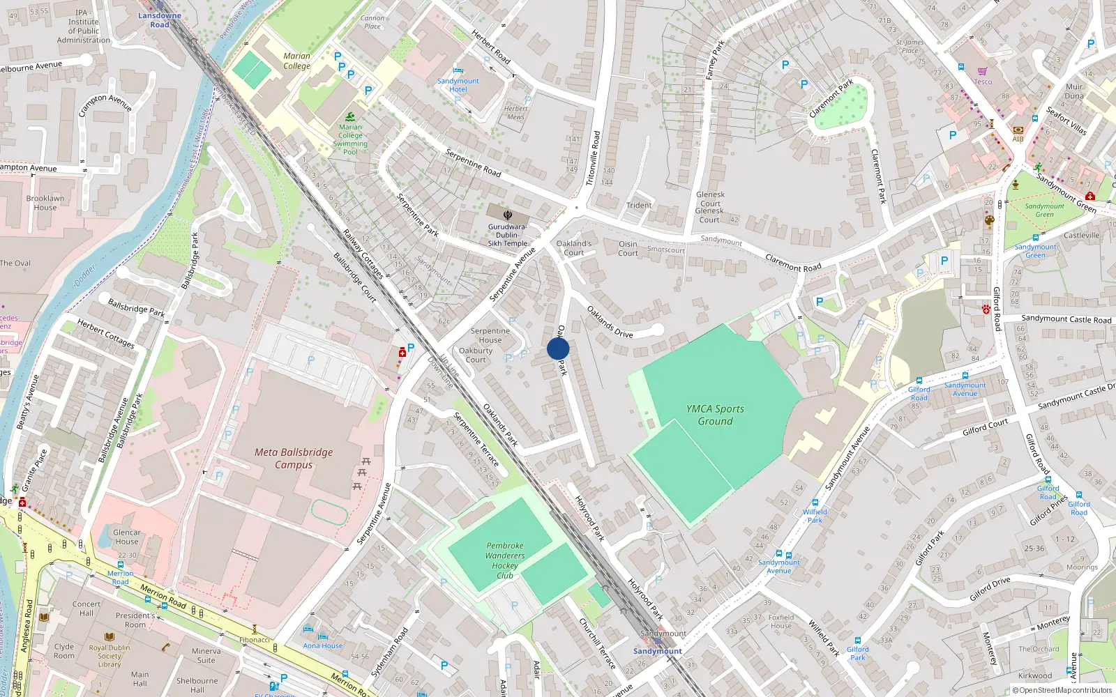 Overhead map showing the location of 37 Oaklands Park, Sandymount