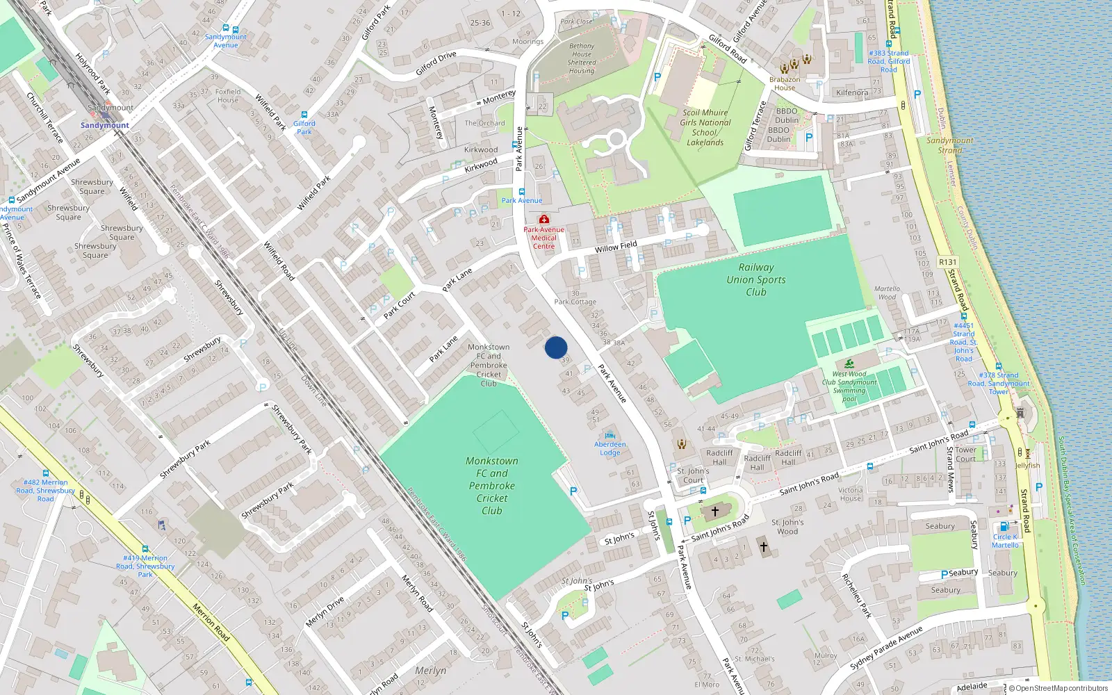 Overhead map showing the location of 37 Park Avenue, Sandymount