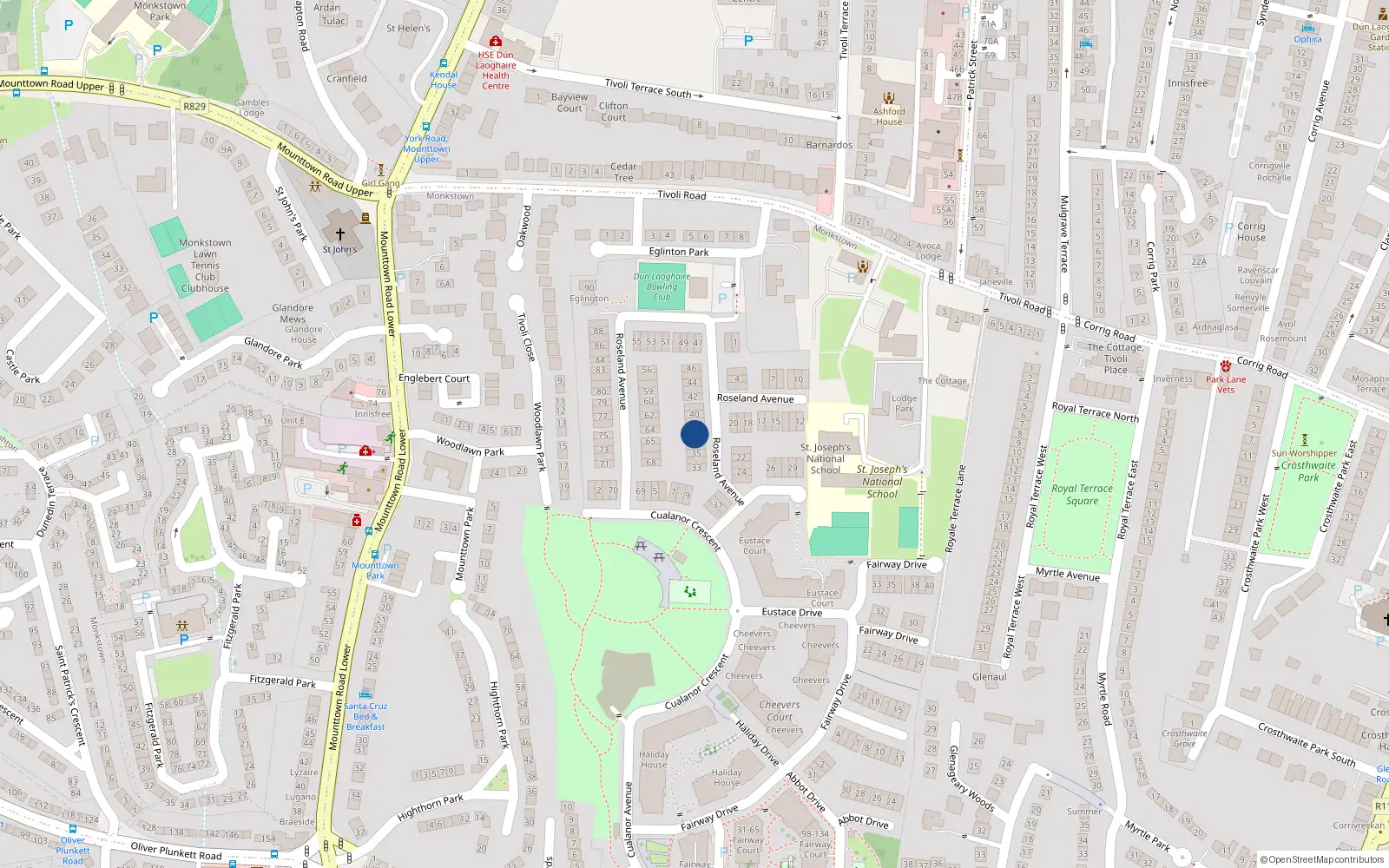 Overhead map showing the location of 37 Roseland Avenue, Dun Laoghaire