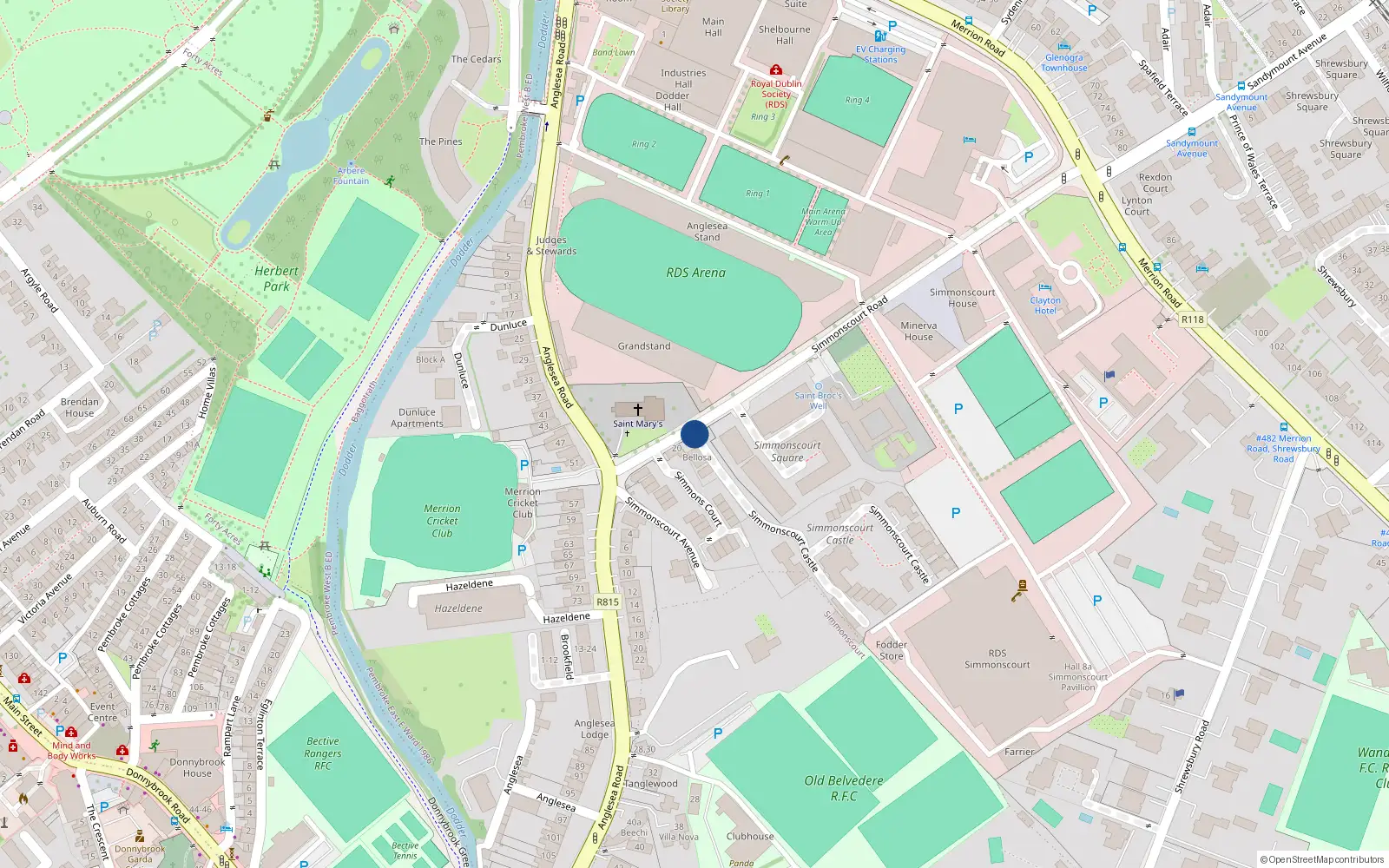 Overhead map showing the location of 37 Simmonscourt Castle, Ballsbridge