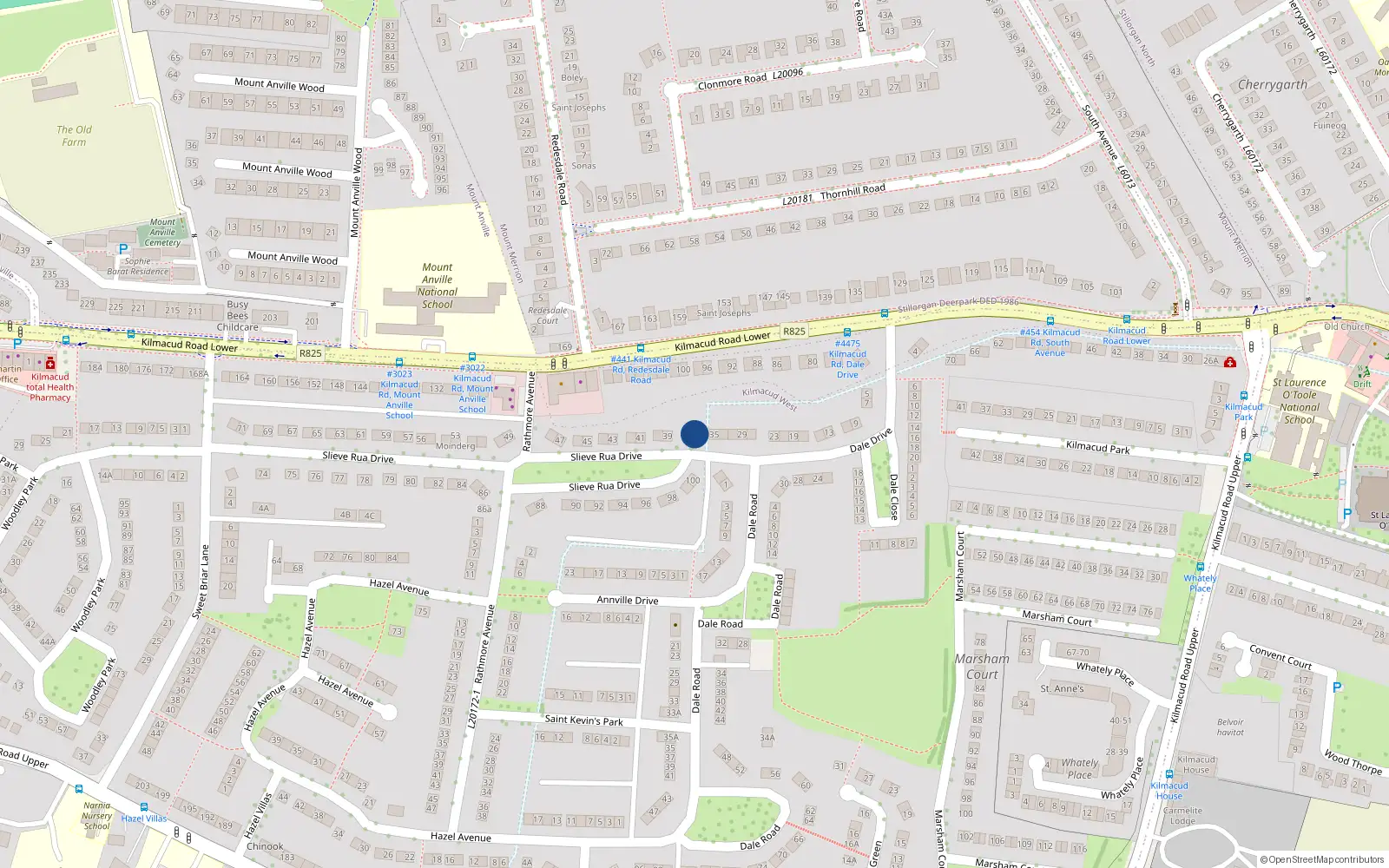 Overhead map showing the location of 37 Slieve Rua Drive, Kilmacud, Stillorgan