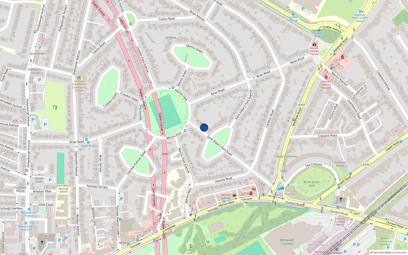 Overhead map showing the location of 37 St Aidans Park Road, Marino, Dublin 3