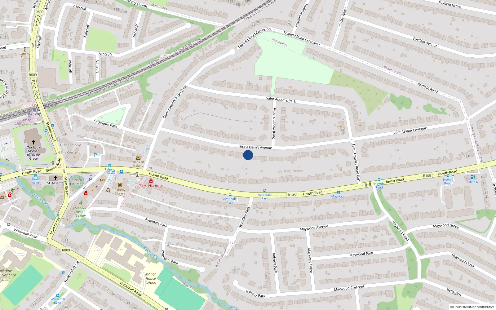 Overhead map showing the location of 37 St Assams Avenue, Raheny, Dublin 5