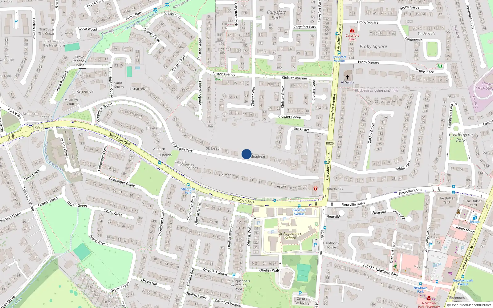 Overhead map showing the location of 37 Stillorgan Park, Dublin