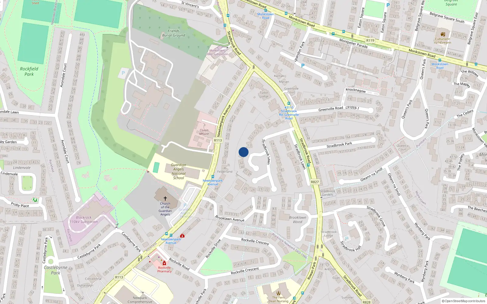 Overhead map showing the location of 37 Stradbrook Lawn, Blackrock, Dublin
