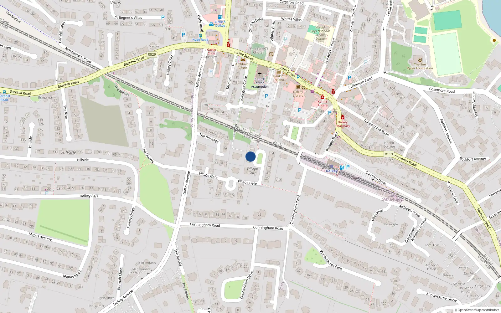 Overhead map showing the location of 37 Village Gate, Dalkey