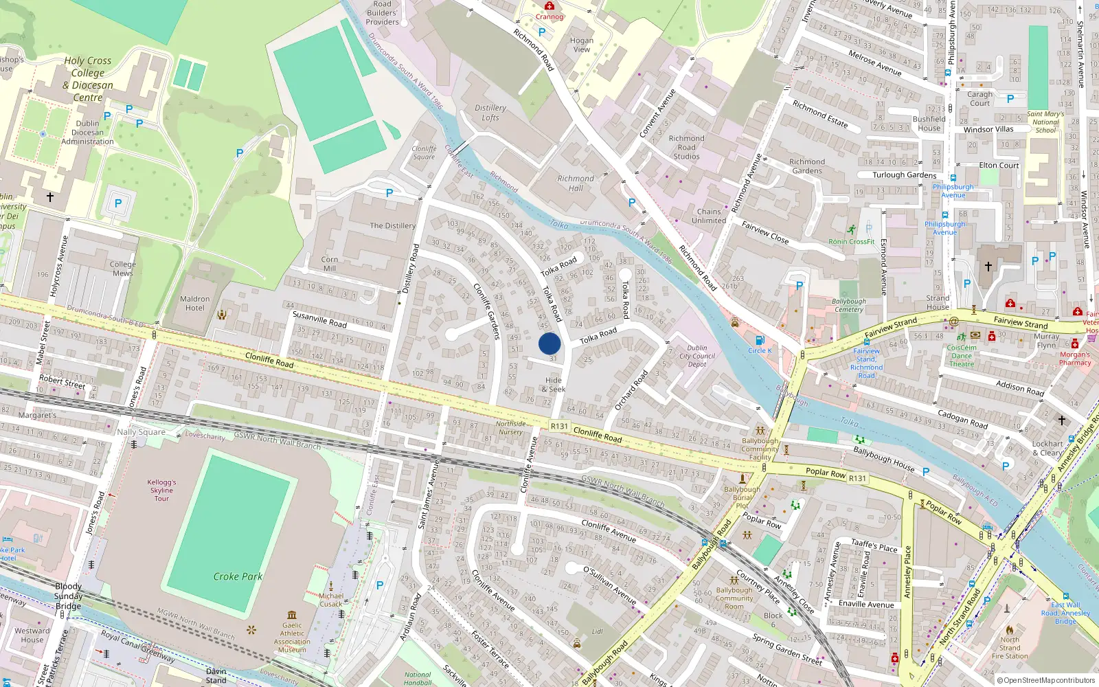 Overhead map showing the location of 37 Tolka Road, Dublin 3