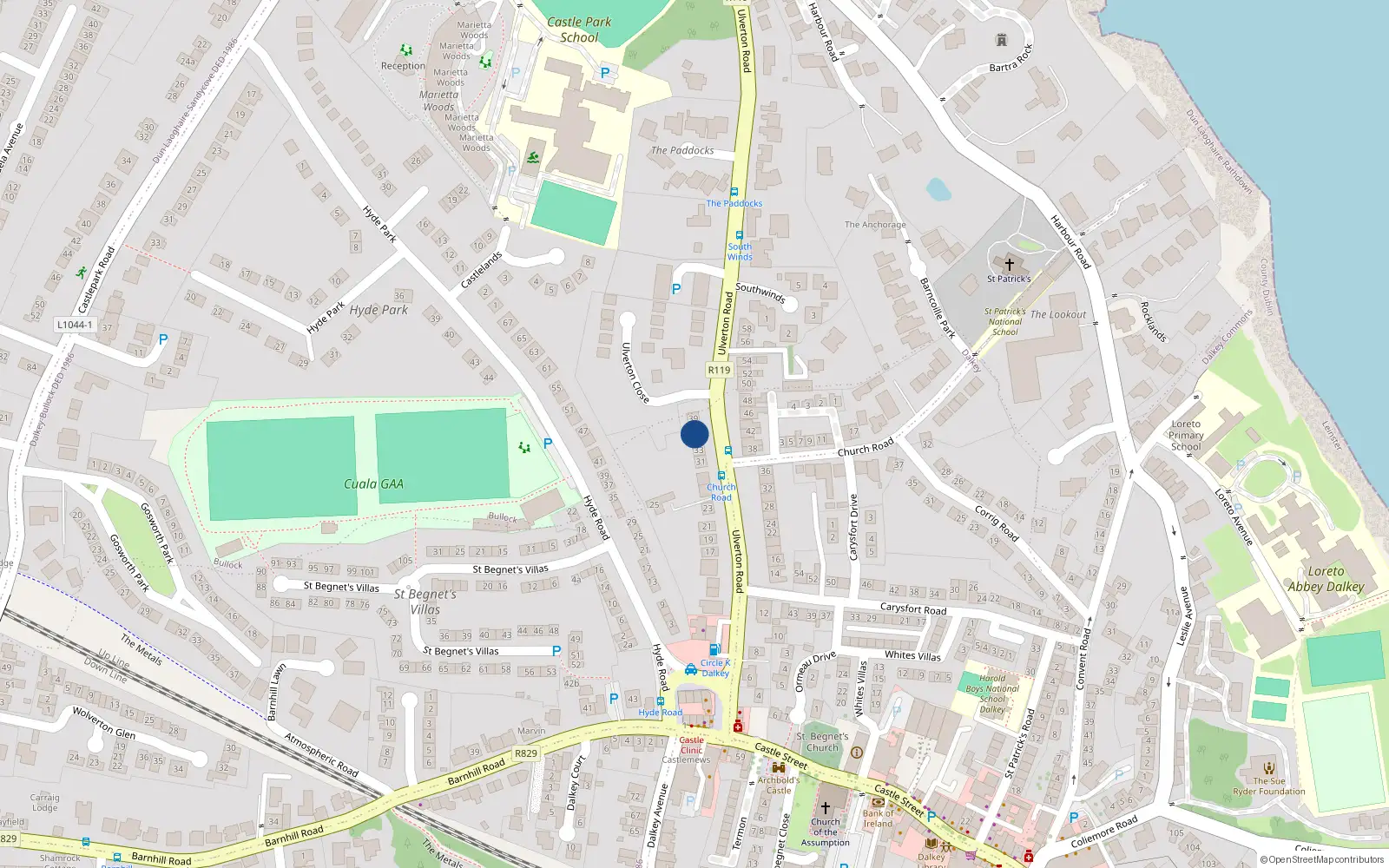 Overhead map showing the location of 37 Ulverton Road, Dalkey, Dublin