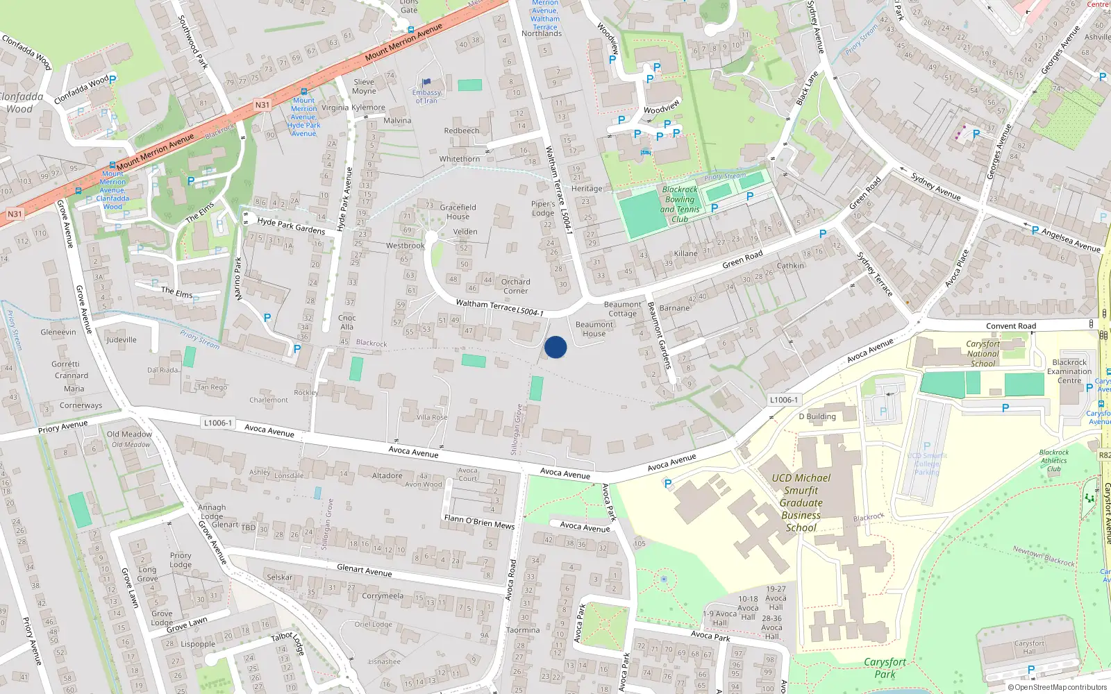 Overhead map showing the location of 37 Waltham Terrace, Blackrock