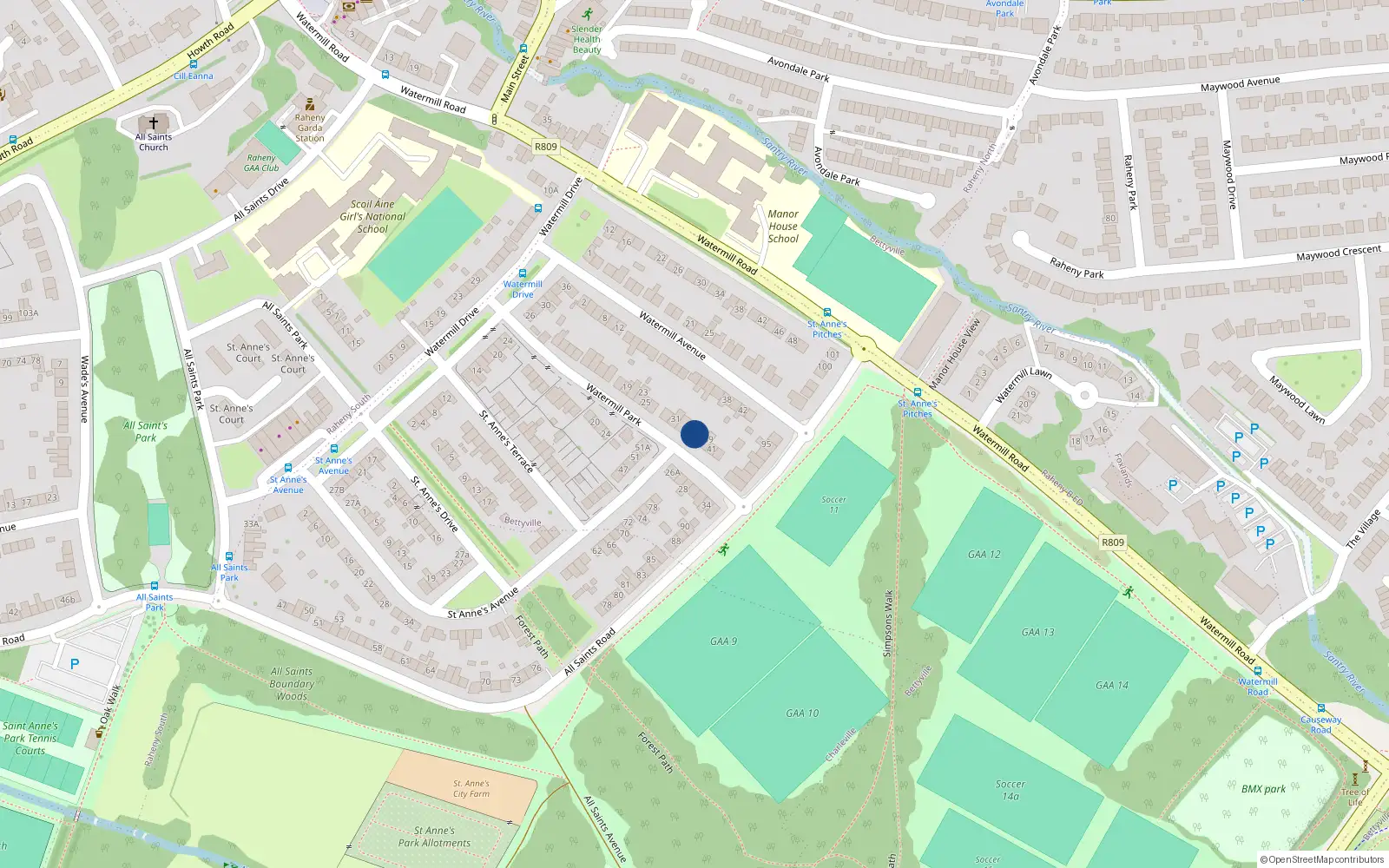 Overhead map showing the location of 37 Watermill Park, Dublin 5