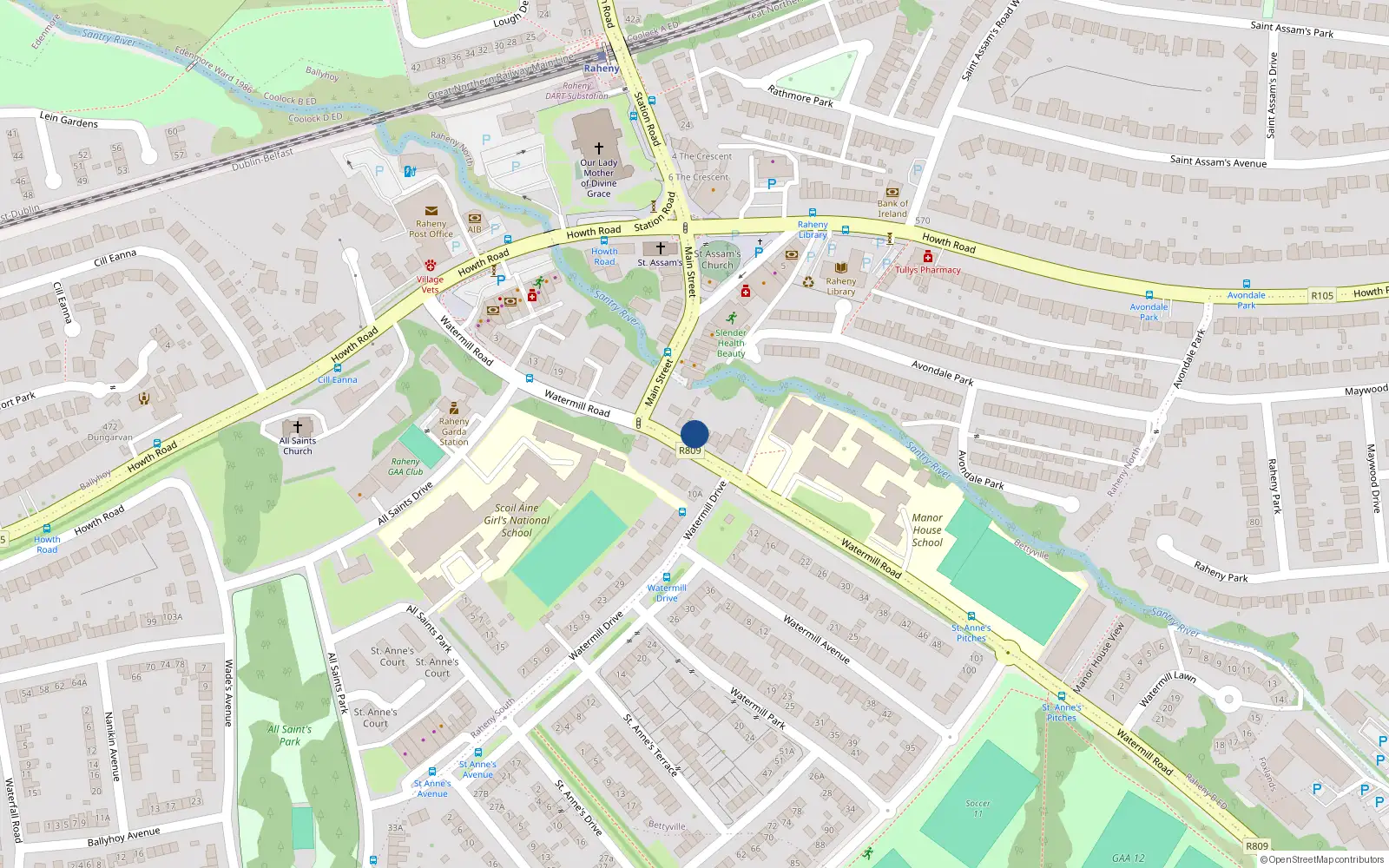 Overhead map showing the location of 37 Watermill Road, Raheny, Dublin 5