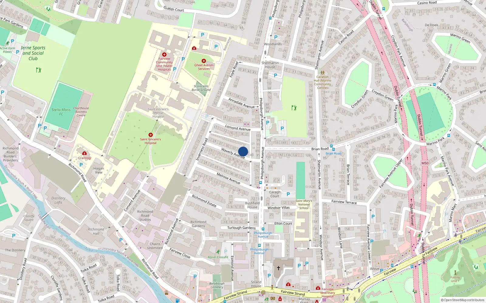 Overhead map showing the location of 37 Waverley Avenue, Fairview, Dublin 3