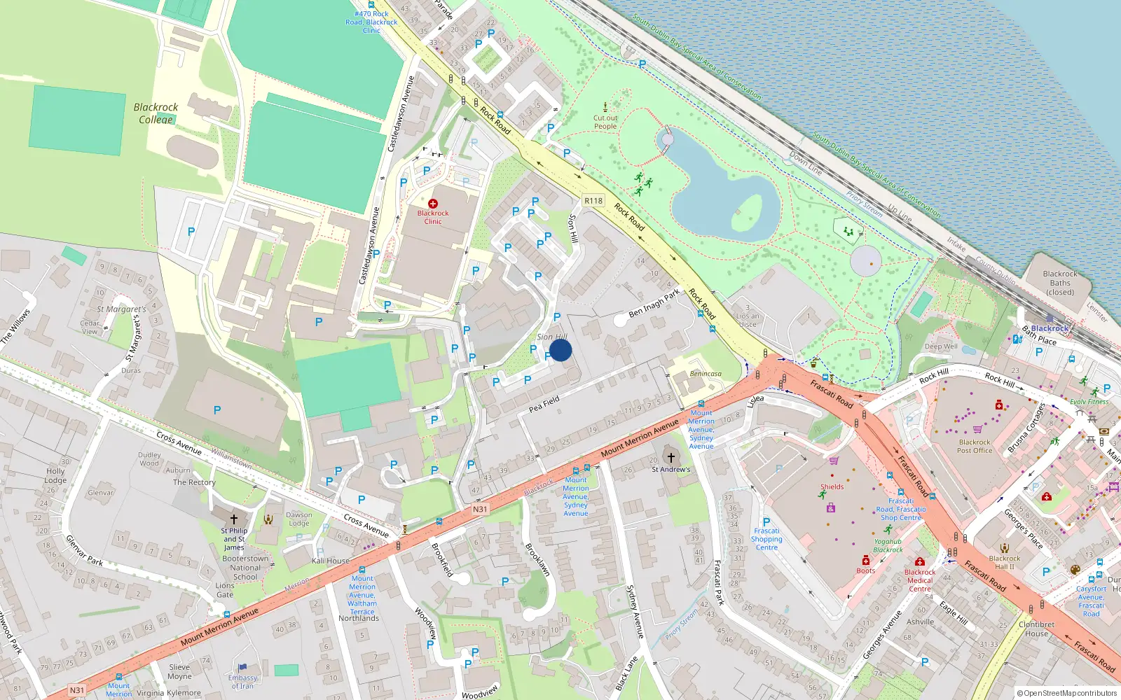 Overhead map showing the location of 37 Westfield, Sion Hill, Blackrock