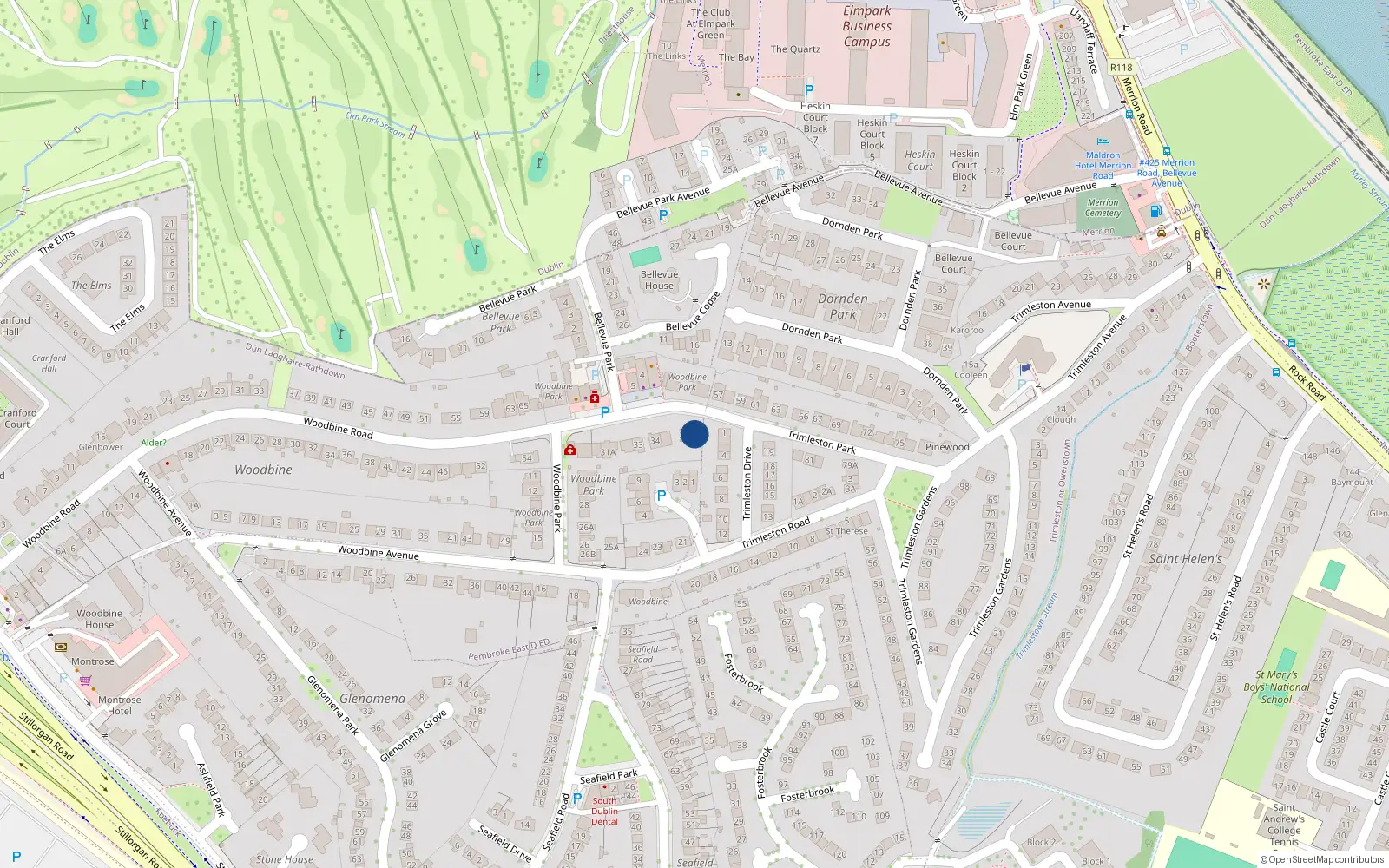 Overhead map showing the location of 37 Woodbine Park, Blackrock