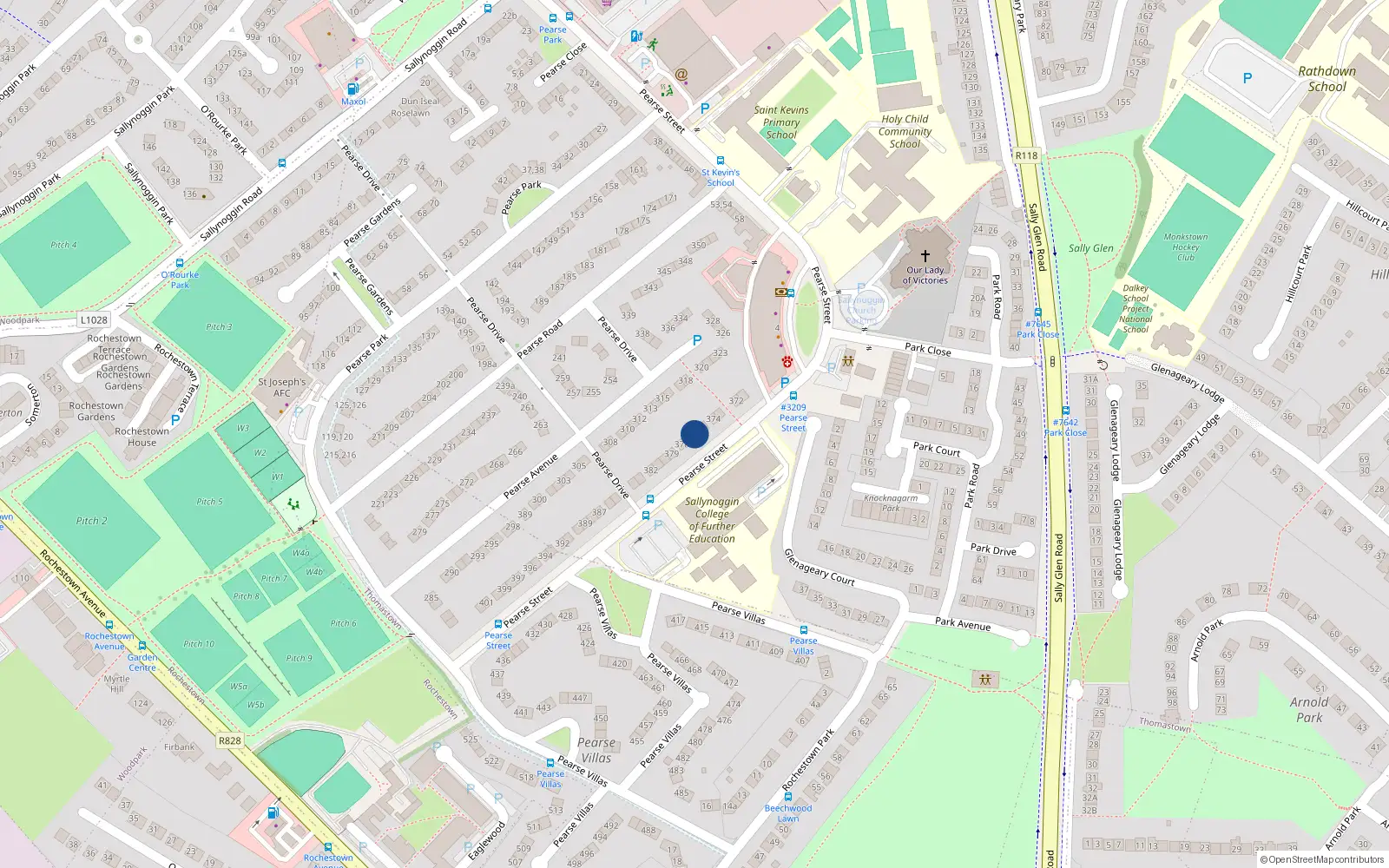 Overhead map showing the location of 376 Pearse St, Sallynoggin, Dublin