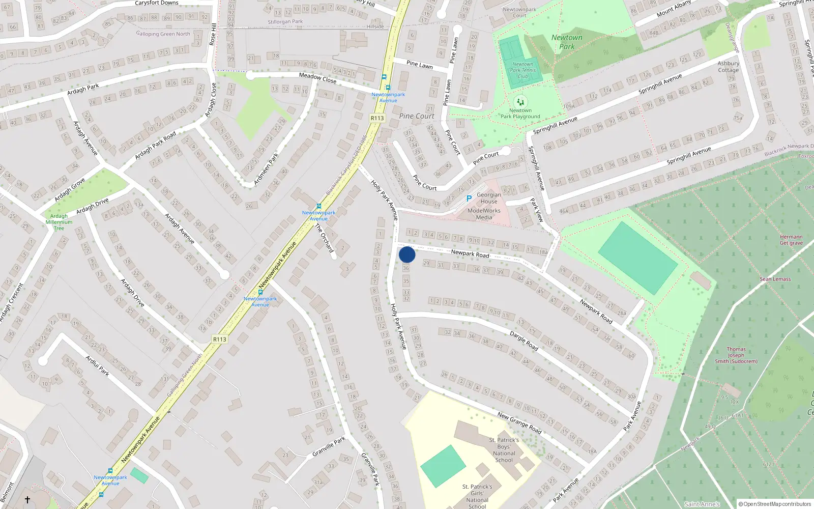 Overhead map showing the location of 37A Holly Park Avenue, Blackrock, Dublin