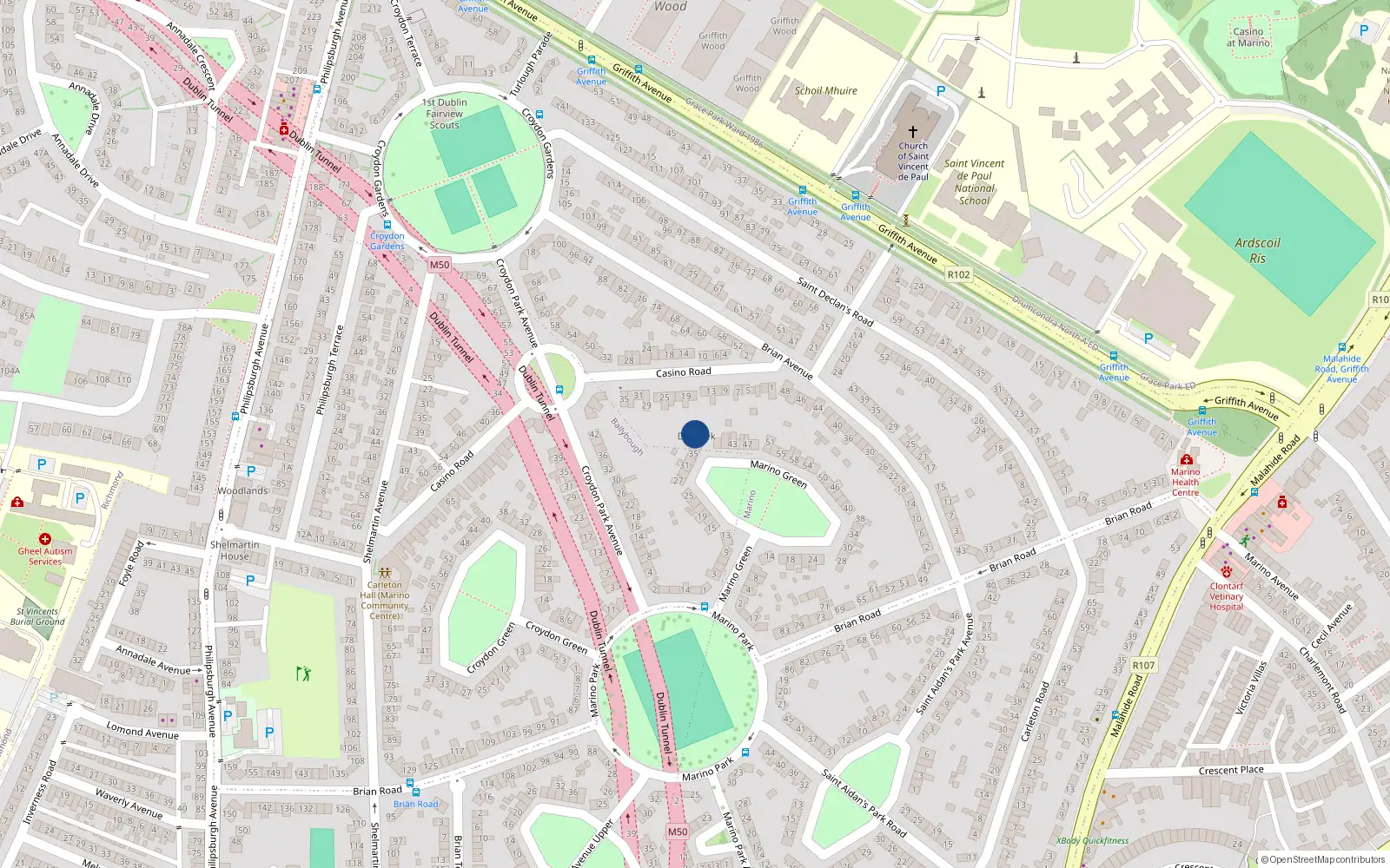 Overhead map showing the location of 37A Marino Green, Dublin 3