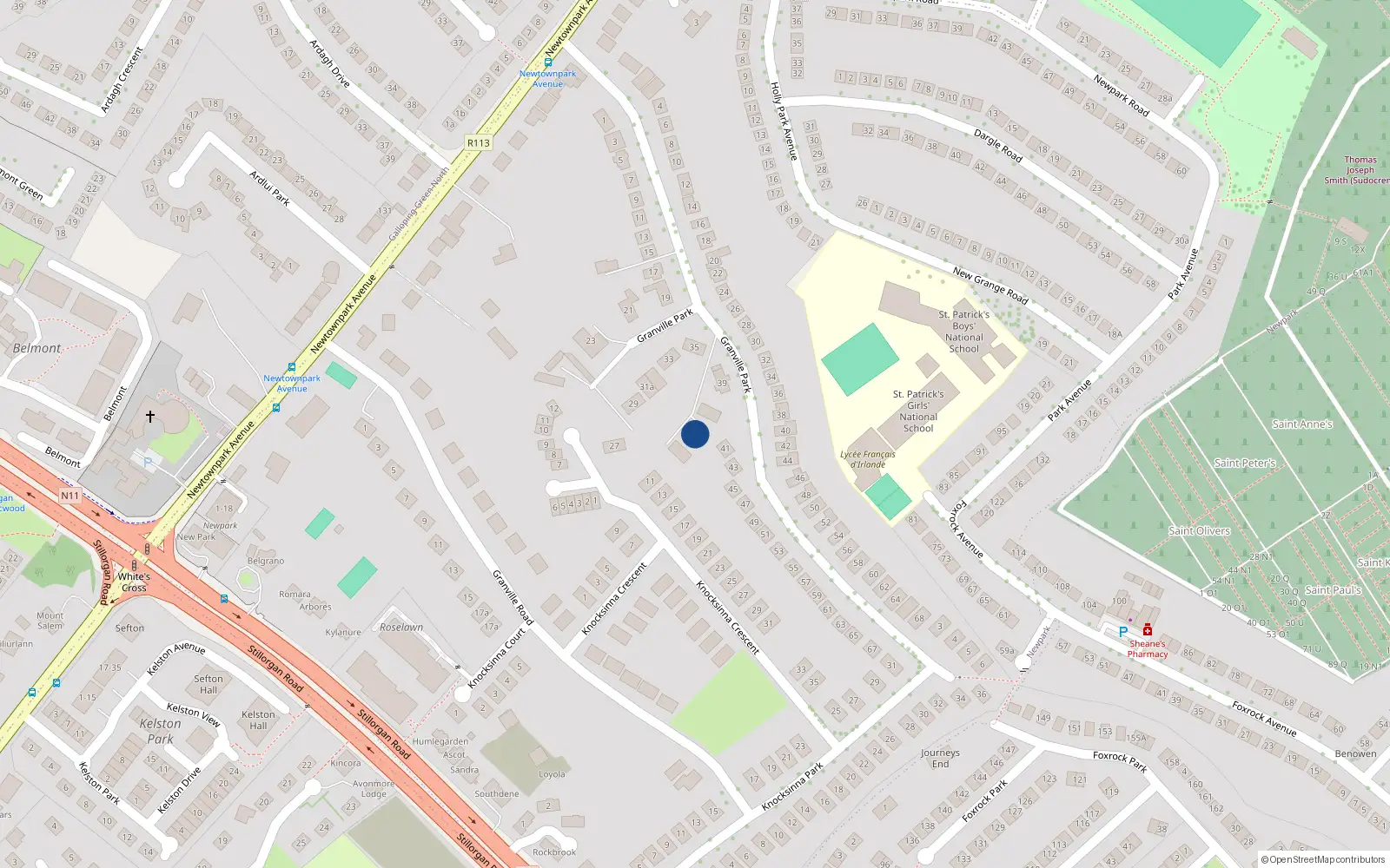 Overhead map showing the location of 37B Granville Park, Blackrock