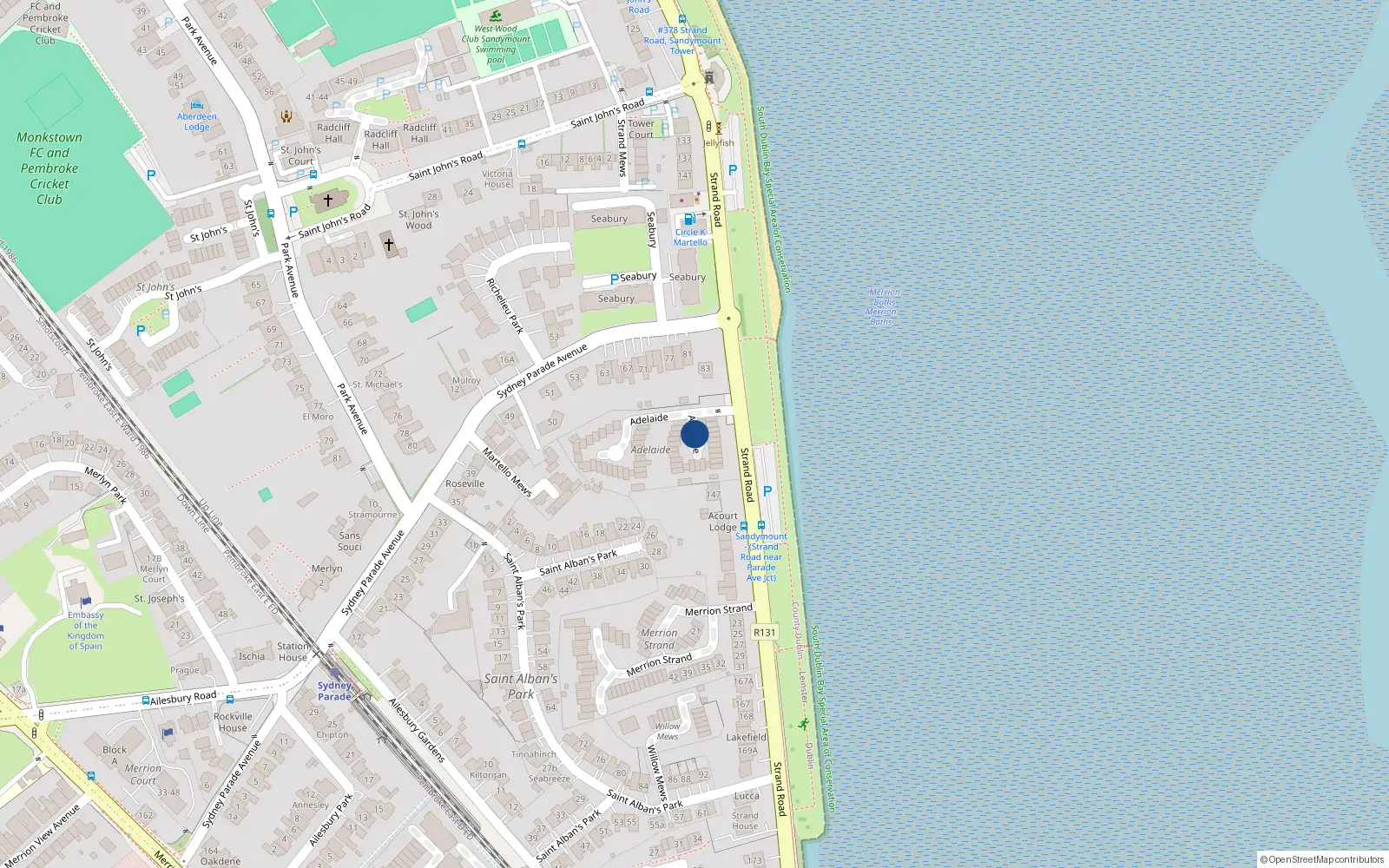 Overhead map showing the location of 38 Adelaide, Sandymount