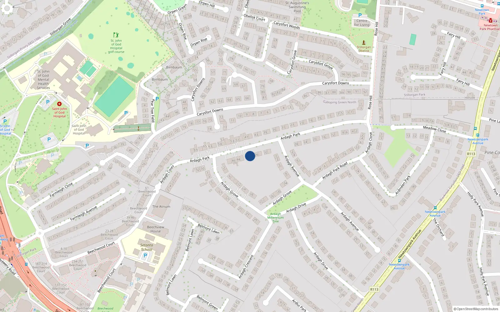 Overhead map showing the location of 38 Ardagh Park, Blackrock, Dublin