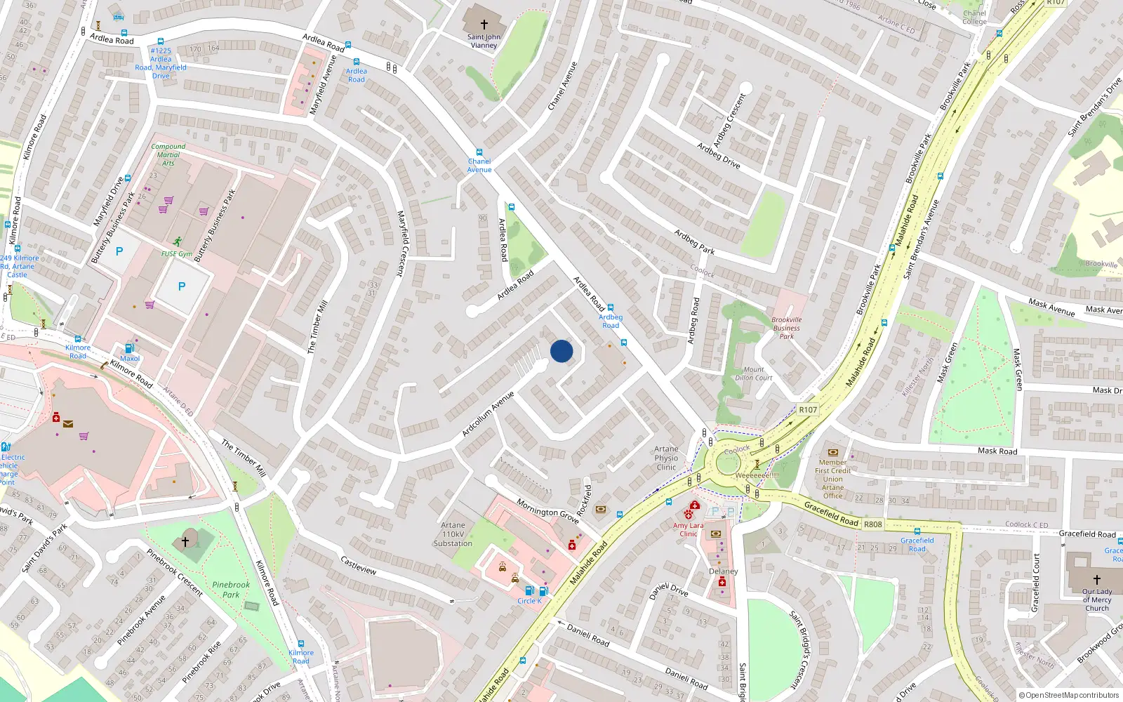 Overhead map showing the location of 38 Ardcollum Avenue, Dublin 5
