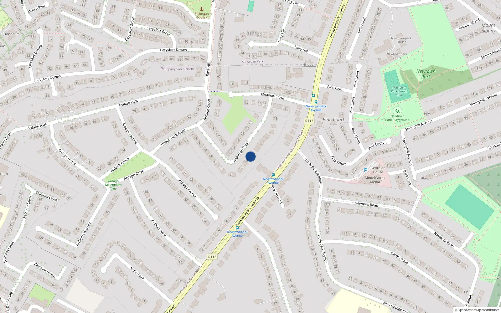 Overhead map showing the location of 38 Ardmeen Park, Blackrock