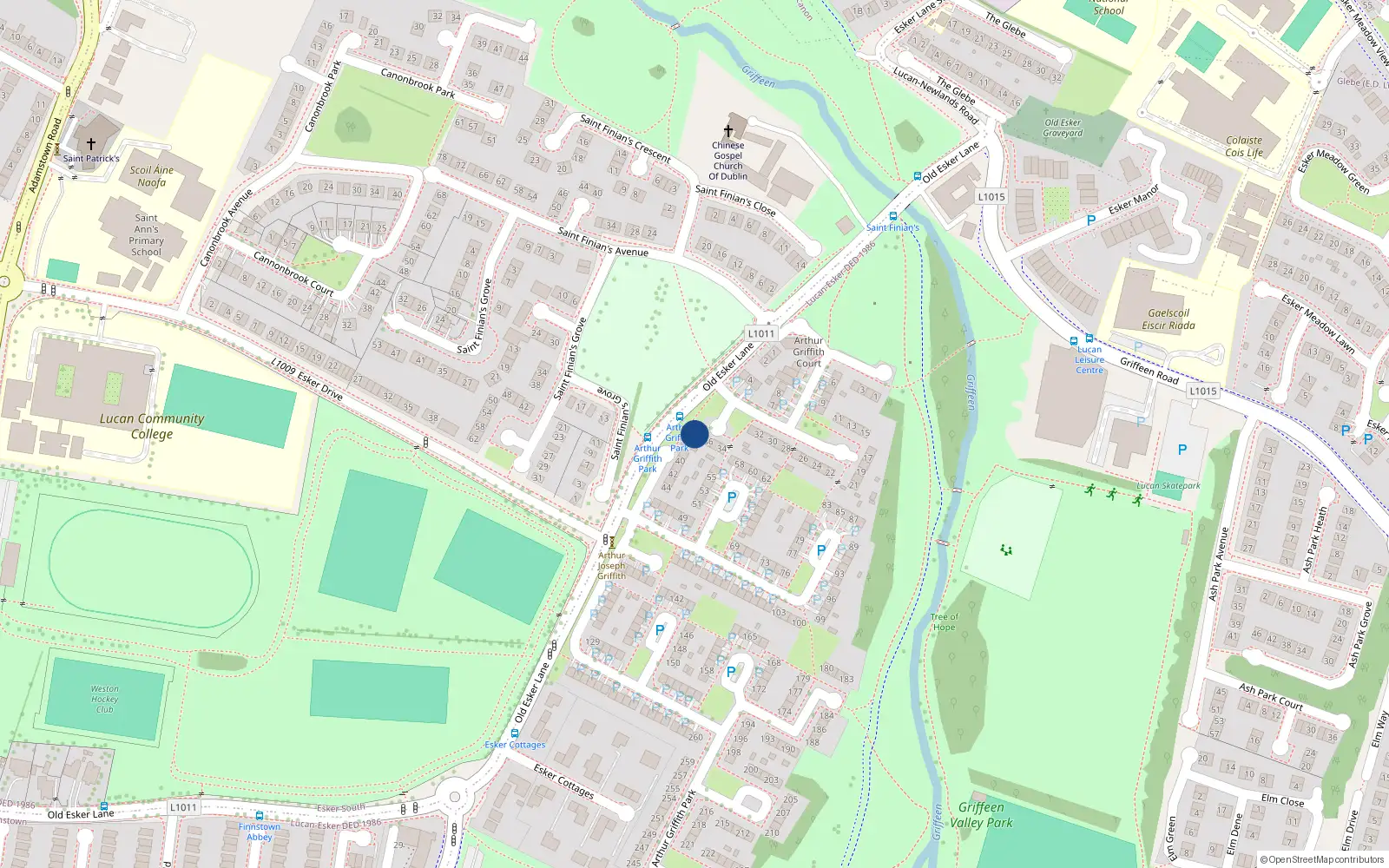 Overhead map showing the location of 38 Arthur Griffith Park, Lucan