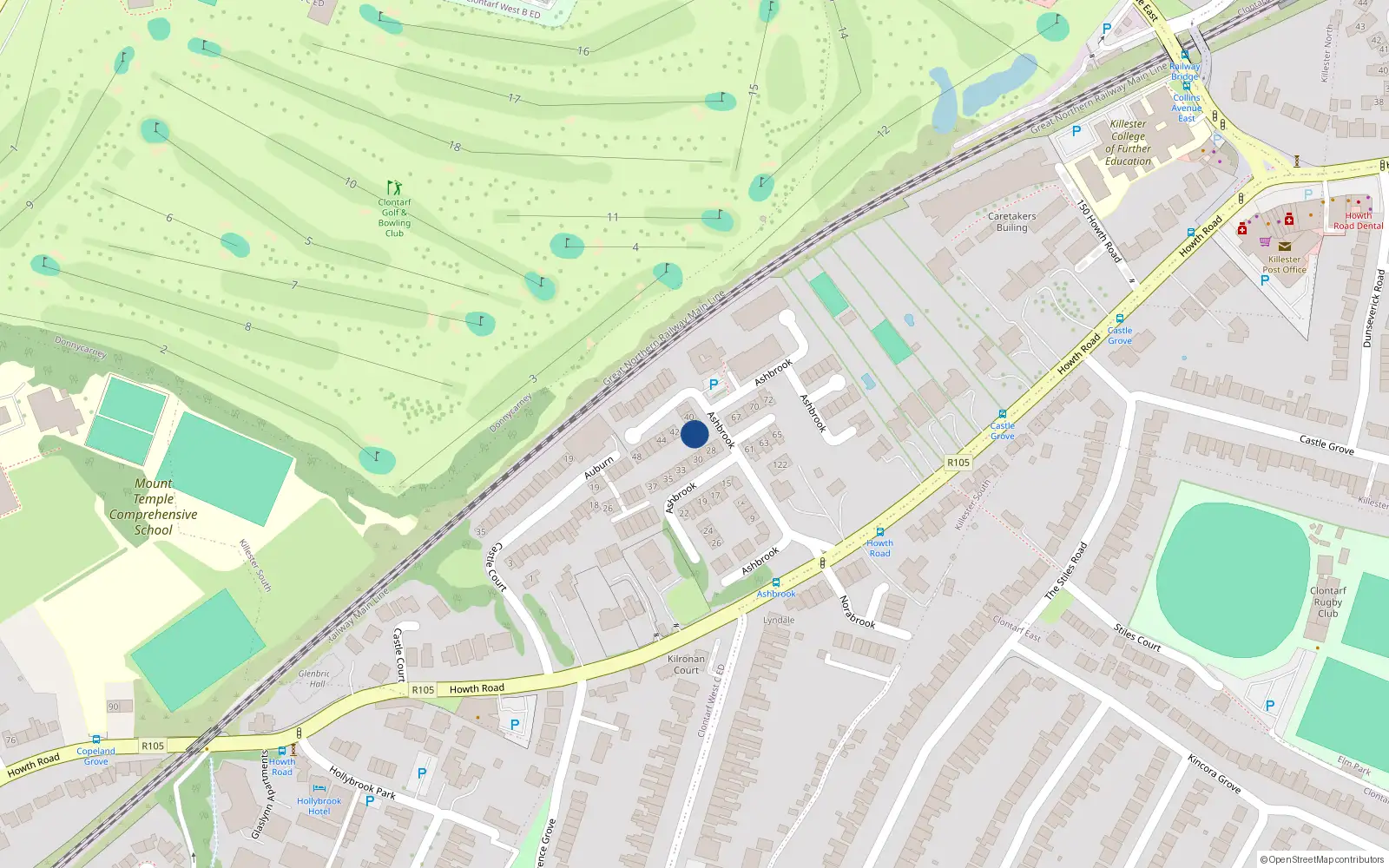 Overhead map showing the location of 38 Ashbrook, Clontarf, Dublin 3