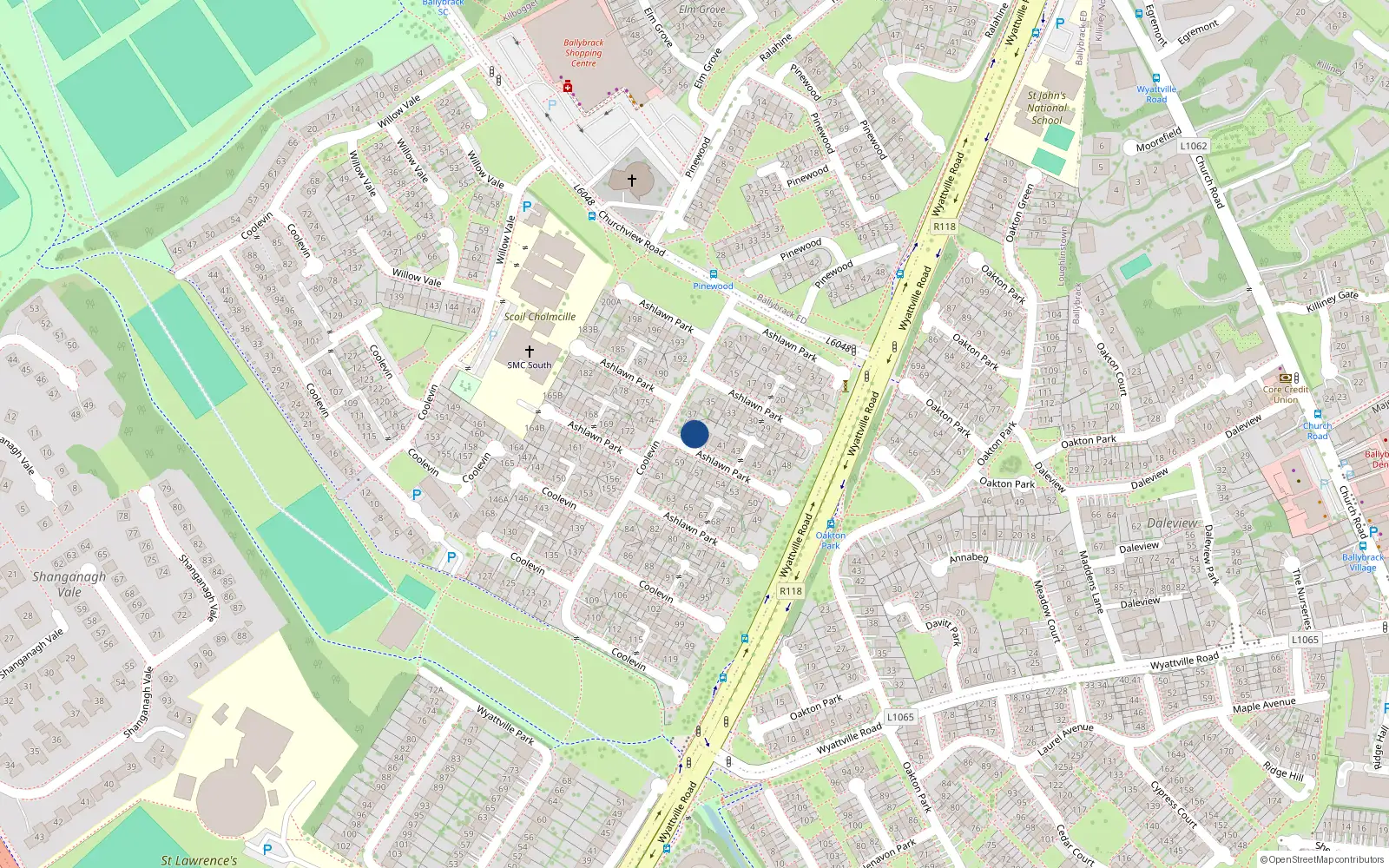 Overhead map showing the location of 38 Ashlawn Park, Ballybrack, Dublin