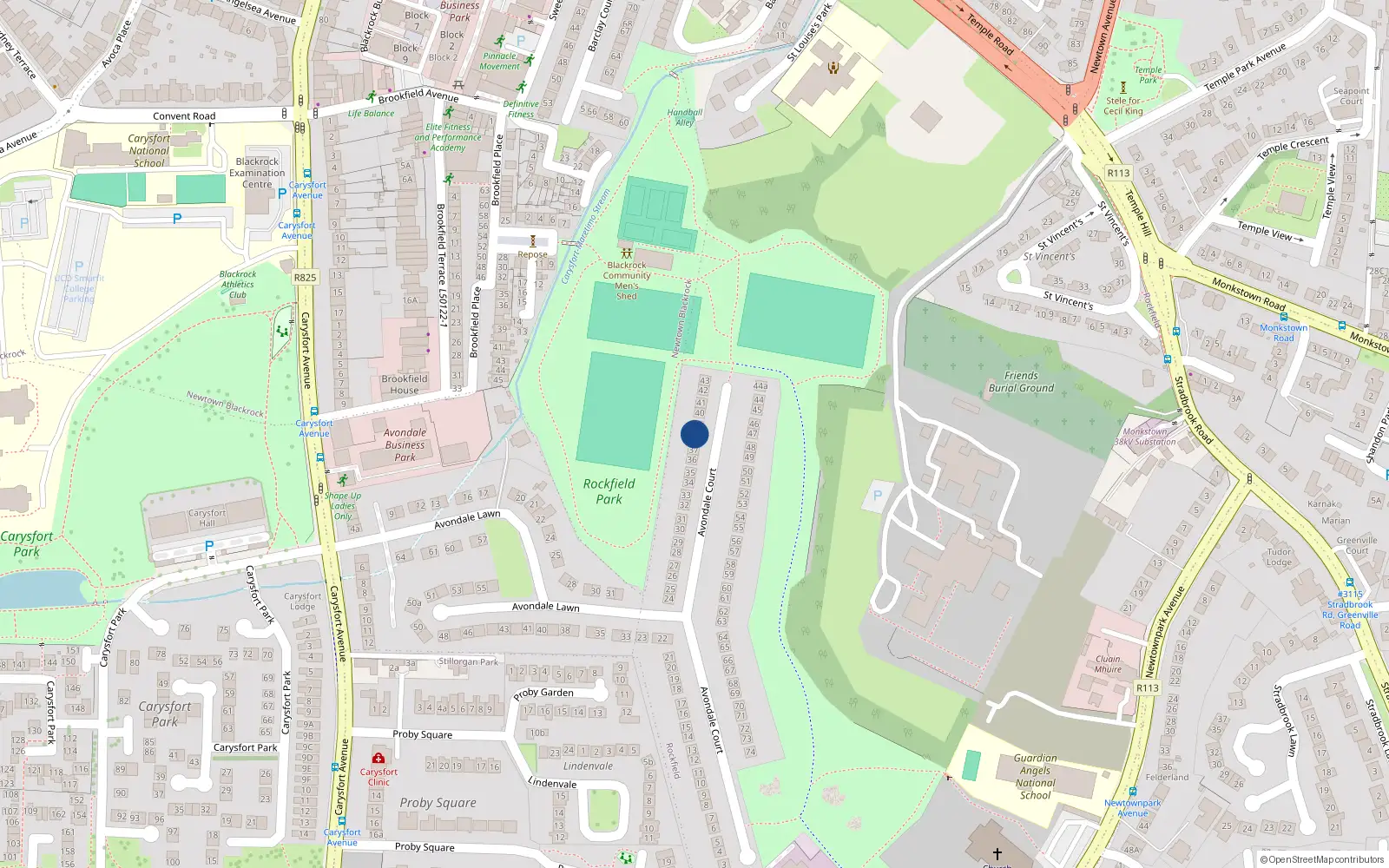 Overhead map showing the location of 38 Avondale Court, Blackrock