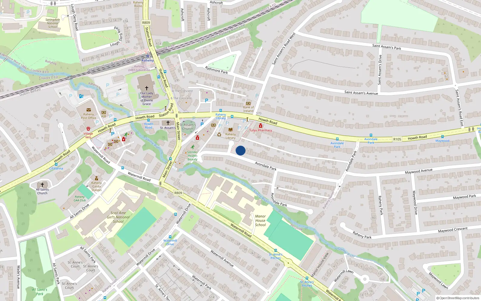 Overhead map showing the location of 38 Avondale Park, Raheny, Dublin 5