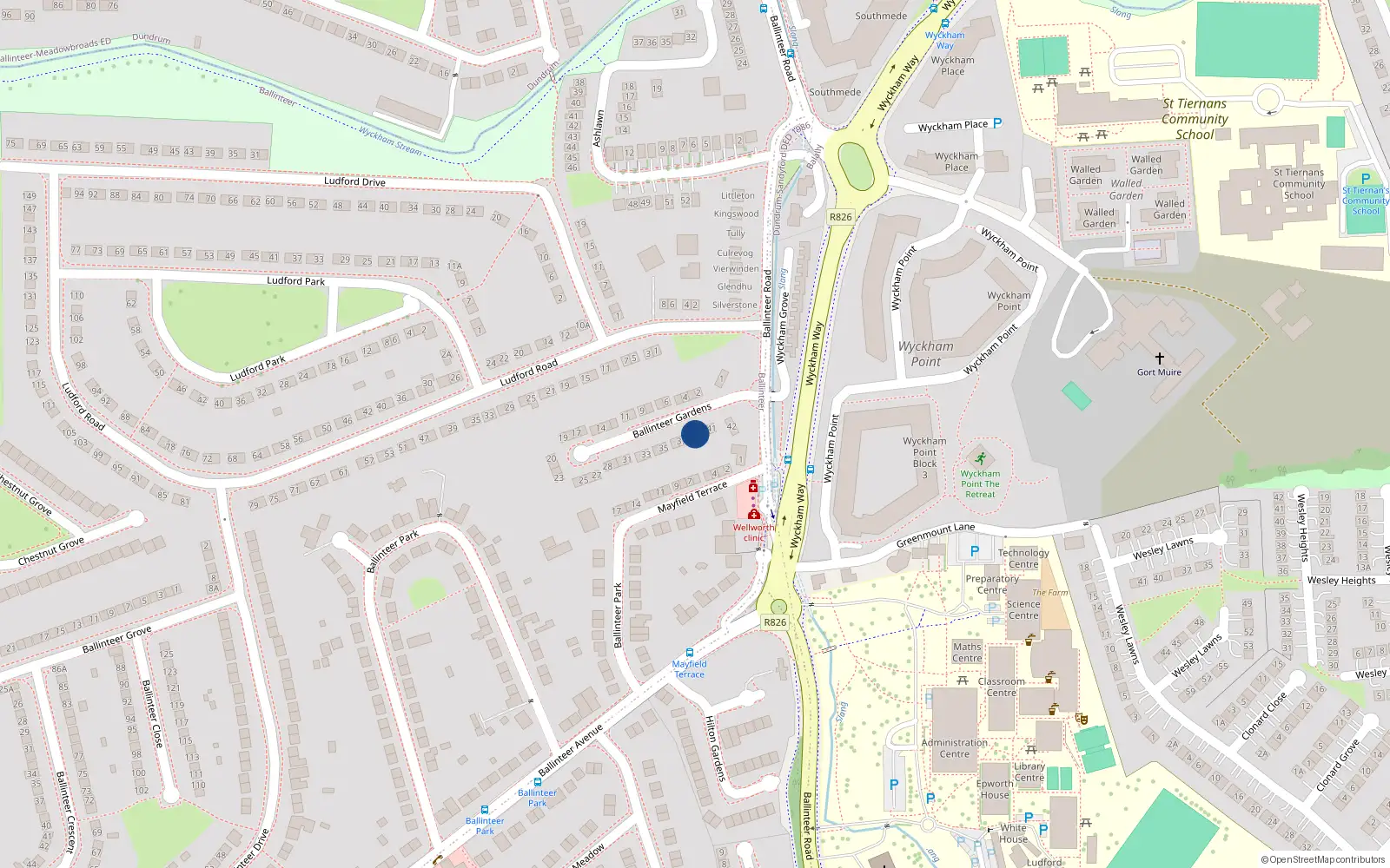 Overhead map showing the location of 38 Ballinteer Gardens, Dublin 16